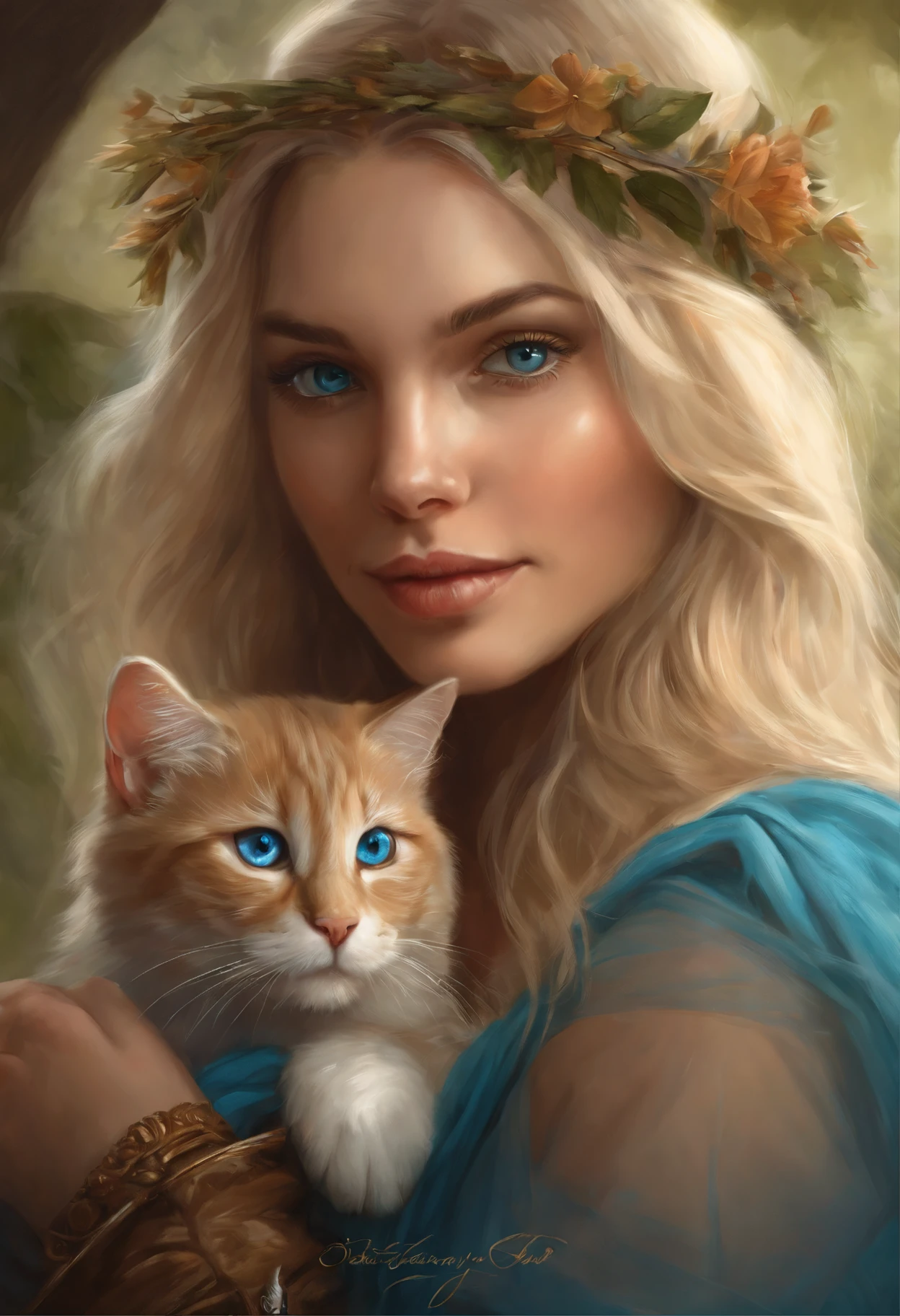 Painting of a blonde woman, holding a cat with blue eyes, graphic artist magali villeneuve, fantasy art portrait, gorgeous digital painting, beautiful fantasy art portrait, magali villeneuve', fantasy portrait art, beautiful digital painting, inspired by Magali Villeneuve, beautiful fantasy portrait, beautiful digital artwork, adorable digital painting, realistic fantasy illustration, beautiful digital illustration, digital fantasy portrait