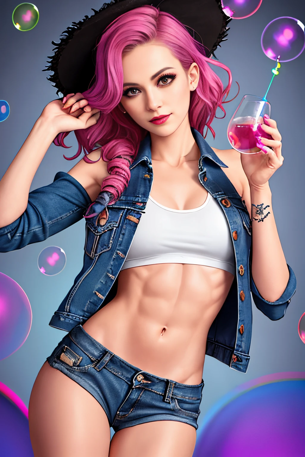 drunken beautiful woman 1girl as delirium from sandman, (hallucinating colorful soap bubbles),
abs, fit, thin, wearing a black crop top jean jacket and jean shorts, punk rock, tank girl, high detailed, 8k
