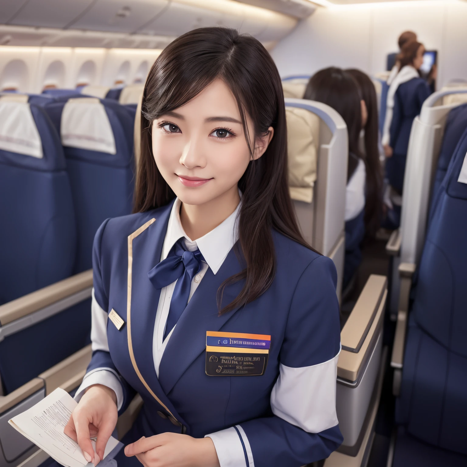 1womanl, 40 years、hyperdetailed face、Detailed lips、A detailed eye、二重まぶた、(I'm tying up my hair、Smiling as you walk slowly down the aisle)、(Stewardess uniform:1.2)、thighs thighs thighs thighs, Perfect fit, Perfect image realism, Background with: (Business Class aisle on airplanes:1.2), Cowboy Shot, Meticulous background, detailed costume, Perfect litthing、Hyper-Realism、(Photorealsitic:1.4)、8K maximum resolution, (​masterpiece), ighly detailed, Professional、Stewardess、Caviar Attendant、serious facial expression、