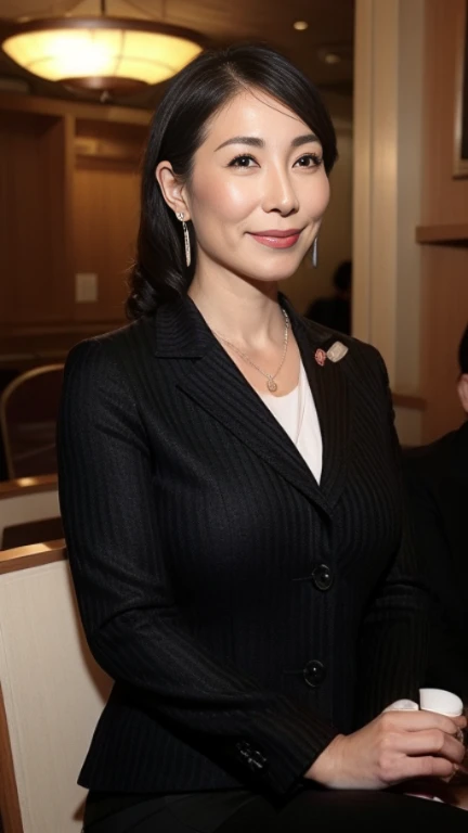 intaglio, Best Quality, Ultra-detailed, Photorealistic, super detailed skin, Perfect Anatomy, (1 Japan mature woman), (Solo), 40 years old, Big breasts, Mature Female Politician, carismatic, A sexy, Chromo-white skin, view the viewer, Middle-aged woman,(No cleavage),upper limbs, makeup, (lip stick: 1.1), (eye line: 1.2), mascara, eyeshadows, Wavy Longhair, Business suits, s Office, earrings, Necklace,   Black pantyhose, Wrinkles at the corners of the eyes, Wrinkles in the mouth, Sitting in a coffee shop,