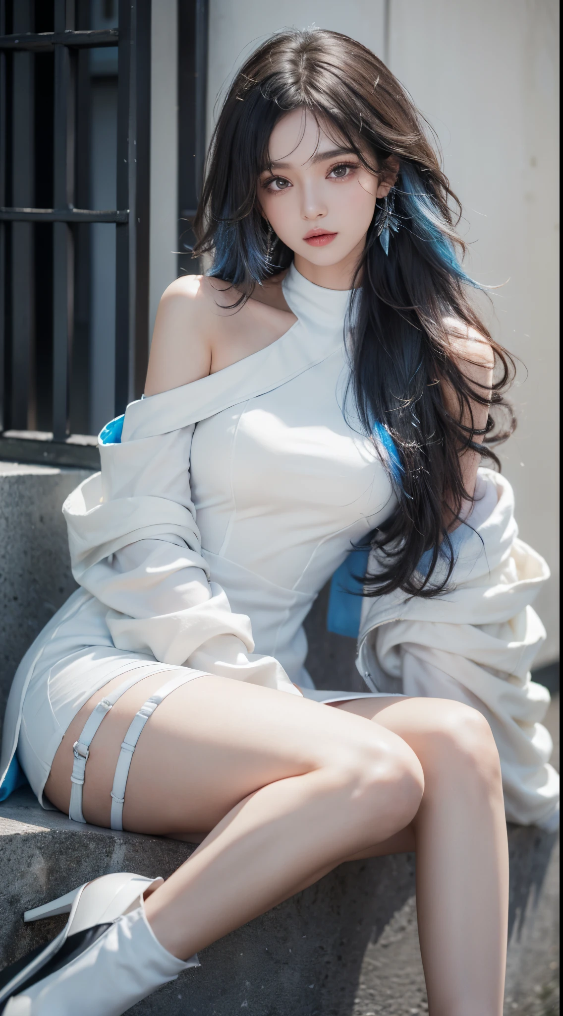 (the street:1 girl with blue hair,Get up,One word step+), tmasterpiece, Best quality, RAW photos, realistically, the face, Incredibly ridiculous Resourcetra long brown curly hair around the ears),eye shadows,techwear outfits,(White off-the-shoulder over-the-knee dress),White off-shoulder long dress,(White tight flats,depth of fields, A high resolution, ultra - detailed, filigrees, RAWE is very detailed, The details of the eyes and face are very rich, Sharp pupils, realistic student, lock focus, 电影灯光,Full body lesbian,The large,The legs look very long from the front,dynamicposes,Normal posture,closeup of face