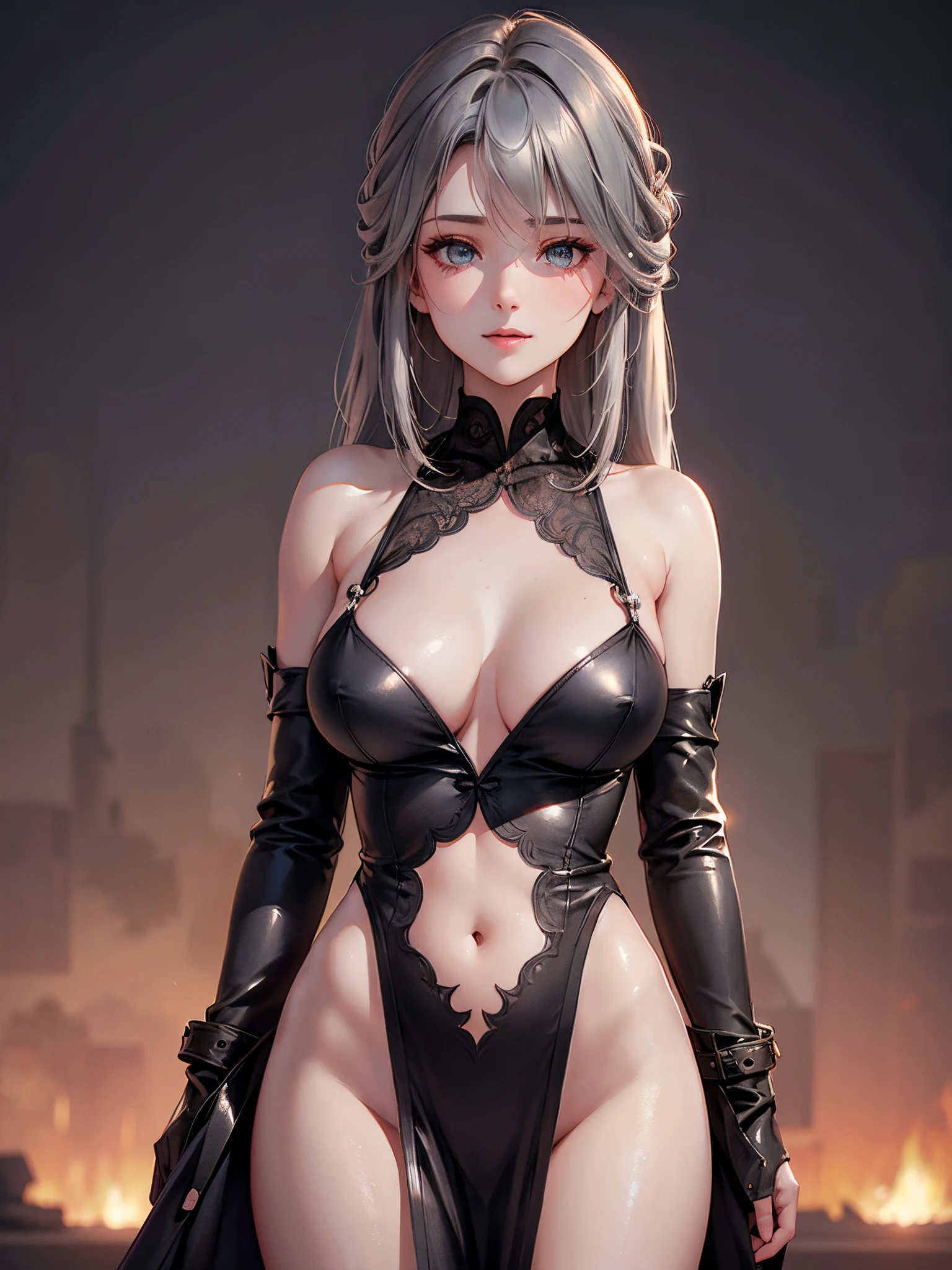 ,, Upper body, Full body lesbian, middlebreast,beautidful eyes, (Long gray hair:1.2), (8K, Best quality, tmasterpiece:1.2), (actual, realistically:1.37), ultra - detailed, 1 girl, Cute big breasts, Alone, (The face is red), (ssmile: 1.15), (Mouth closed)