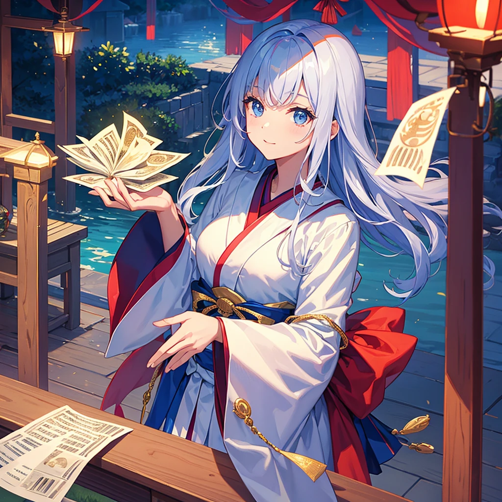masterpice, (Best Quality), ((best detailed)), beautiful Girl, Beautiful face, a cool、Magician、barrier、paper money、shrine maiden clothe