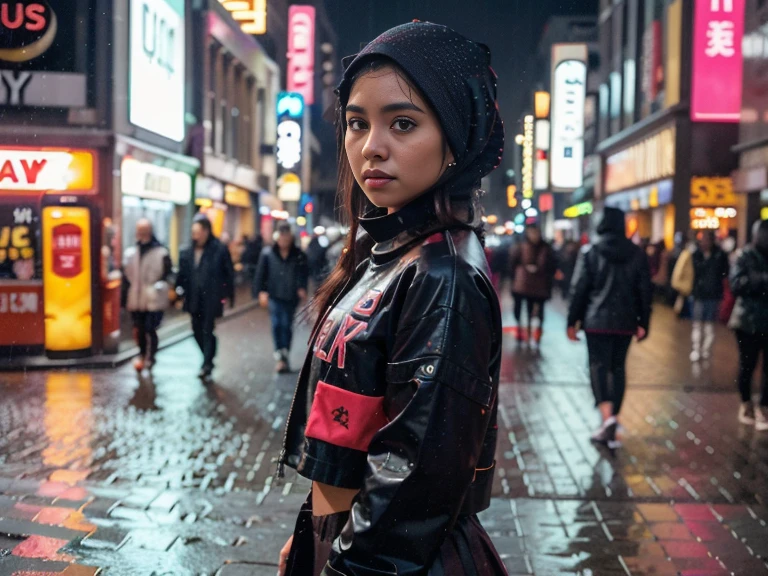 Malay girl aged 20 wearing shibuya trendy outfit with hijab, busy shibuya 109 street, nighttime, neon city lights, close-up, raining outside, model pose, full body shot, (8k, RAW photo, best quality, masterpiece:1.2),(realistic, photo-realistic:1.37), 8k