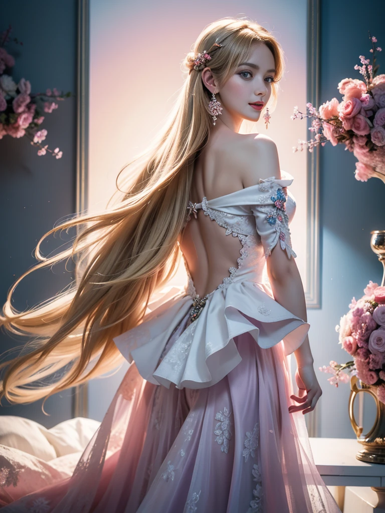 tmasterpiece,Highest image quality,super detailing,Best quality ,Extremely Delicately Beautiful, Very meticulous,Best quality, offcial art, extremely detaild的 CG unified 8k wallpapers, Ana de Armas portrait photo, blond hair blue eyes,Radiant skin and radiant eyes:1.1), pretty skin, Black suit, (Detailed lighting:1.2), (Beautiful and detailed light:1.3), face to the viewer,beautiful wedding dress, deep understanding, The beautiful, iintricate, digitial painting, smooth private parts, Focus sharp, The end of the world, Epic reality, (HighDynamicRange:1.4), captivating curves,(pastel colour:1.4), Bigchest,apocalyptic, giving up, com cores neutras, natta, Screen space refraction, (Complicated details, ultra - detailed:1.3), art stations, Cinema lenses, vignet, the complex background, buliding,Enchanted smile,detailed back ground,Dream catcher earrings in various colors,white colors,in pink,purpleish color,red colour,blue colors,orange colors,green color,cyan colors,),No shoulder strap,blossom print,