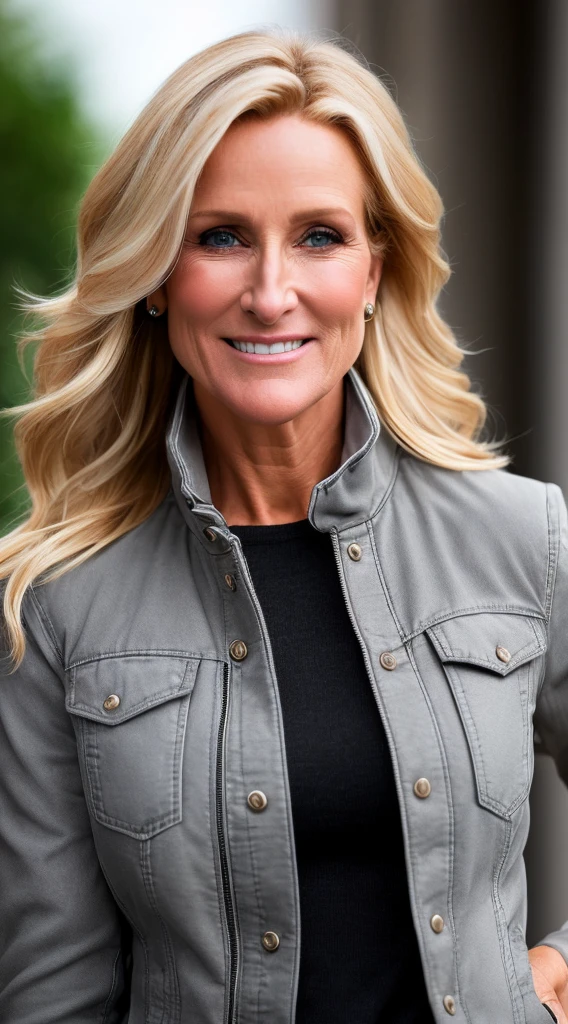 blond woman with a gray shirt and a black jacket smiling, wearing jeans and boots, butch lesbian, rough features, this person does not exist, rugged features, 40 years old, elizabeth erickson-johannen voss-celine dion-joely richardson-laura dern-annette o'toole merged, entire body visible, full body, hyperrealistic, best quality, 8K, masterpiece, extremely intricate, detailed eyes, detailed face, detailed body, exaggerated features, pronounced features, fujifilm