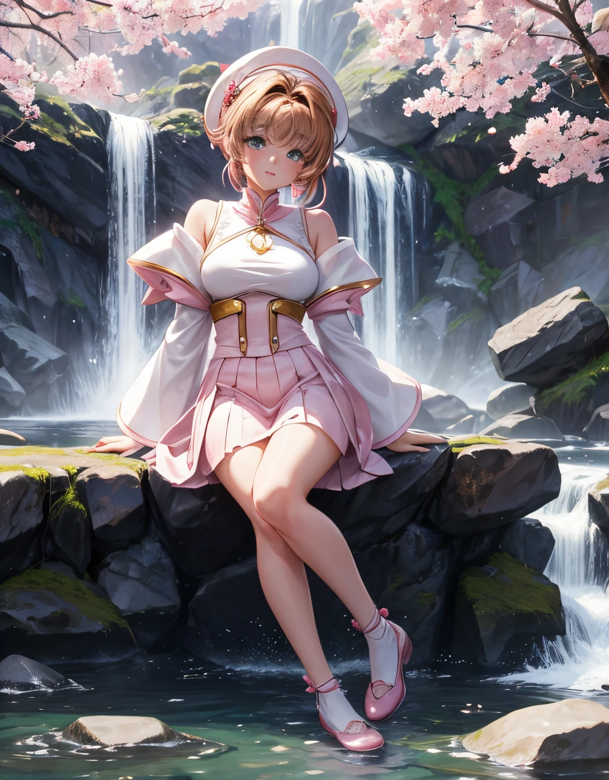 ```Masterpiece in maximum 16K UHD resolution, in a style inspired by the (anime) ((Sakura_Card_Captor)). | ((Sakura_Kinomoto)), now 30 years old, displays all her maturity and magical power in a stunning all-white mage outfit adorned with pink details. Her short accordion skirt, white stockings with pink bands, and pink shoes complement the harmony of the look. | The scene unfolds in an ancient temple near a majestic waterfall, featuring white marble structures, altars with ancient writings, and a variety of spirit animals. Sakura is looking directly at the viewer, her green eyes radiating confidence as she offers a captivating smile. Her short brown hair with a large fringe in front of her right eye adds a contemporary touch to her image. The white beret with a pink band and golden accessories, including a golden star in the center, further enhances her magical presence. | The visual composition highlights the magic in the air, with appropriate lighting emphasizing the details of the outfit and the enchanted environment. | Sakura Kinomoto, at 30 years old, in a mage outfit inspired by Card Captor Sakura, displaying her enormous and firm breasts in a mystical setting of an ancient temple next to a waterfall. | {The camera is positioned very close to her, revealing her entire body as she adopts a dynamic_pose, interacting with and leaning on a structure in the scene in an exciting way} | ((perfect_pose)), She is adopting a ((dynamic_pose as interacts, boldly leaning on a structure, leaning back in a dynamic way):1.3), ((full body)), ((hands_with_5_fingers):1), ((perfect_fingers):1), ((perfect_legs):1), better_hands, More_Detail,```