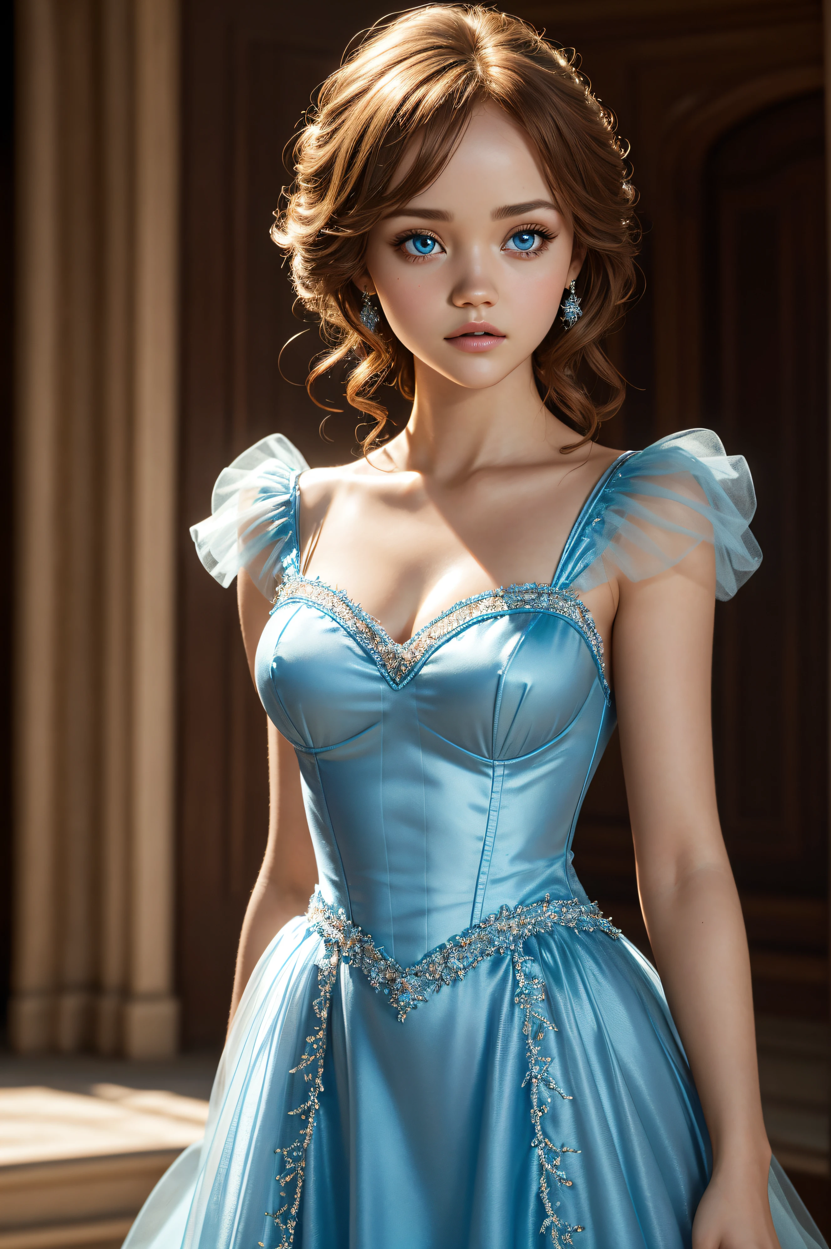 Olivia Cooke, wearing Cinderella costume sexy clothes transparent. professionally retouched, soft lighting, realistic, smooth face, perfect eyes, sharp focus on eyes, 8 k, high definition, insanely detailed, intricate, elegant. in a natural background.