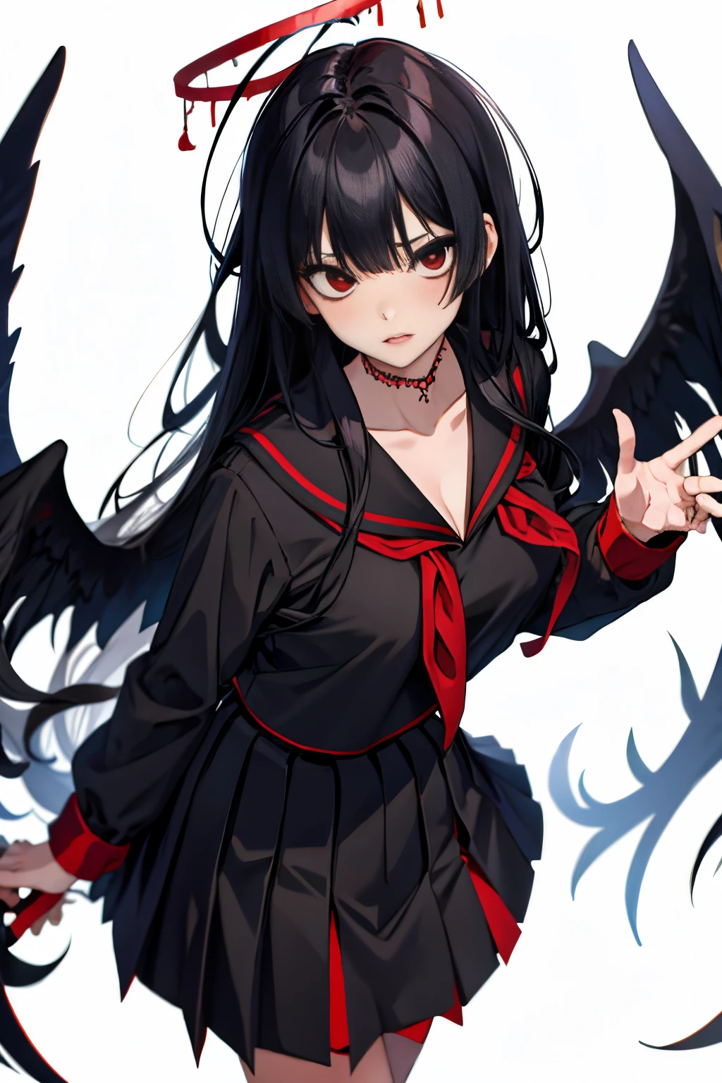 tsurugi ba, school uniform, long sleeves, long skirt, looking at viewer, very long hair, white background, torn clotheackground, large breasts, halo, black skirt, skirt, serafuku, red eyes, sailor collar, wings, solo, black serafuku, neckerchief, red neckerchief, parted lips, black hair, 1girl, cleavage, long hair