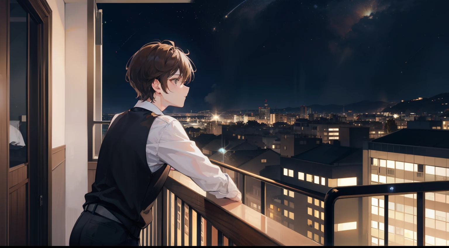 On a starry night, a man with short brown hair is gazing outside from the balcony of an apartment.