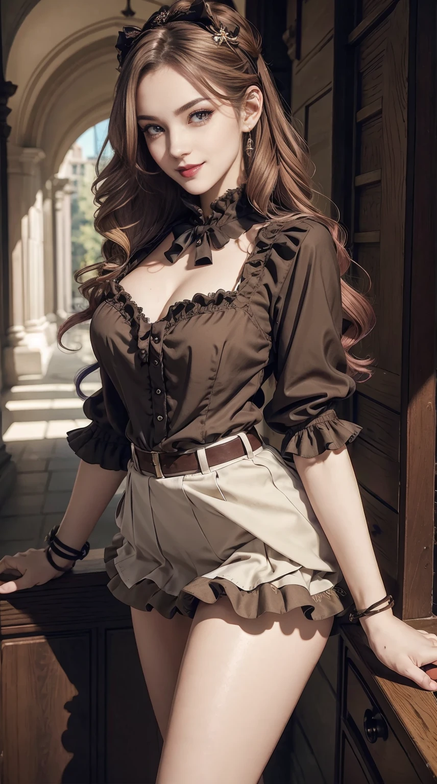 a 25yo woman、Hair color is a gradient color、eye color is brown、Semi-long、hair is wavy、wearing eye shadow and lipstick、I'm wearing a decorated headband、accessories on wrist、Slender but well-proportioned muscular body、wearing a frilly blouse、I'm wearing a low-rise pleated skirt、huge tit、a smile、Inside a Gothic building