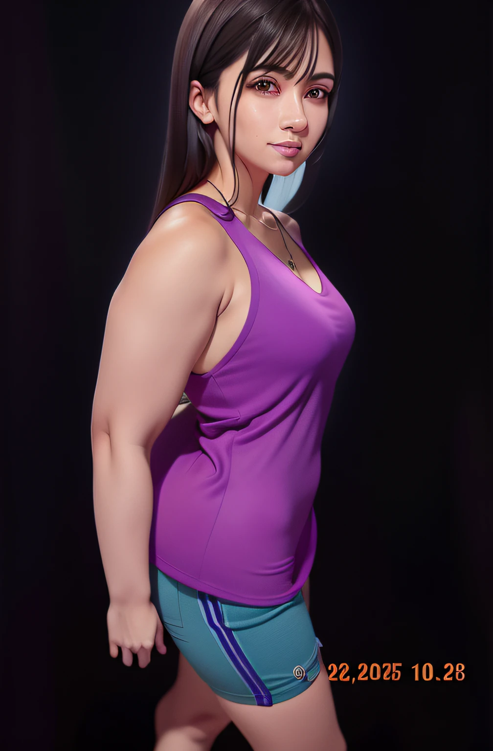 there is a woman in a purple blouse and blue shorts, arms to side, foto fit, tiro de meio corpo, close up tiro de meio corpo, tiro de meio corpo, meio - tiro no corpo, rosto completo e retrato do corpo, Retrato do meio do corpo, foto de meio corpo, recorte de meio corpo, ombros curvados, Tanque Violeta Apertado, arms behind back, tiro no meio do corpo