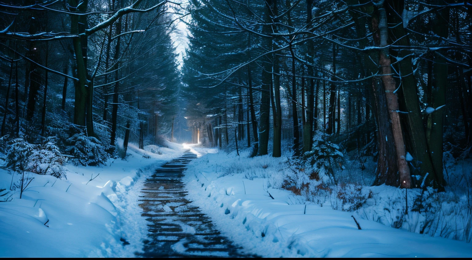 Deep in the forest, path between trees, snowy, dimly lit.