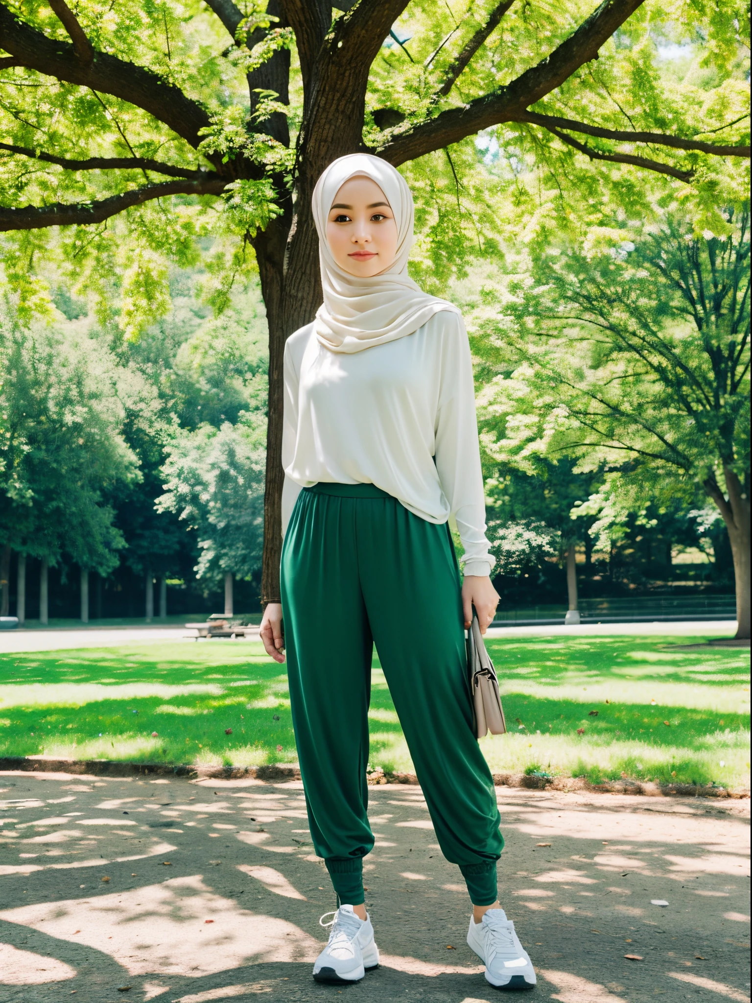 hijab, high waisted pants, city park