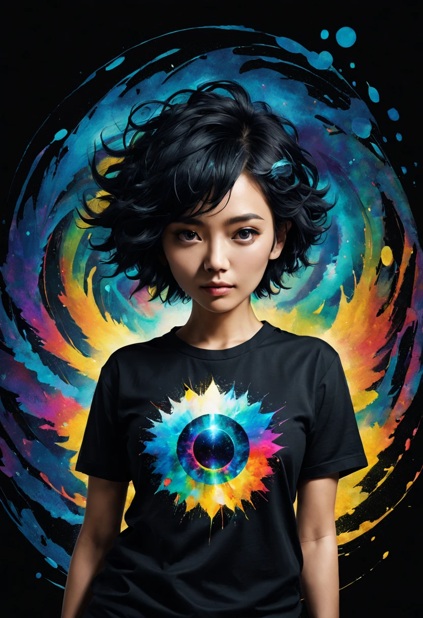 0mib style,himawari,T-shirt design,prism fragment,Reflected fractal circle,ink spatter,Melted brushstrokes,particles vortex,dramatic lights,high high quality, The beautiful,tmasterpiece