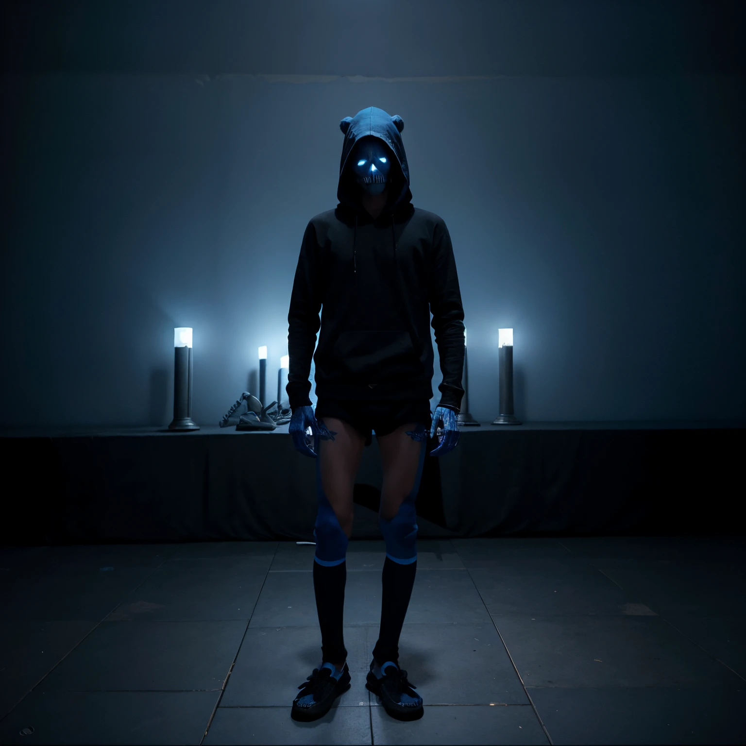 A Skeleton that is 4ft tall, blue lined black hoodie, words around him saying MALWARE, Blue Shorts, Blue furry slippers, and abilities like Sans the Skeleton