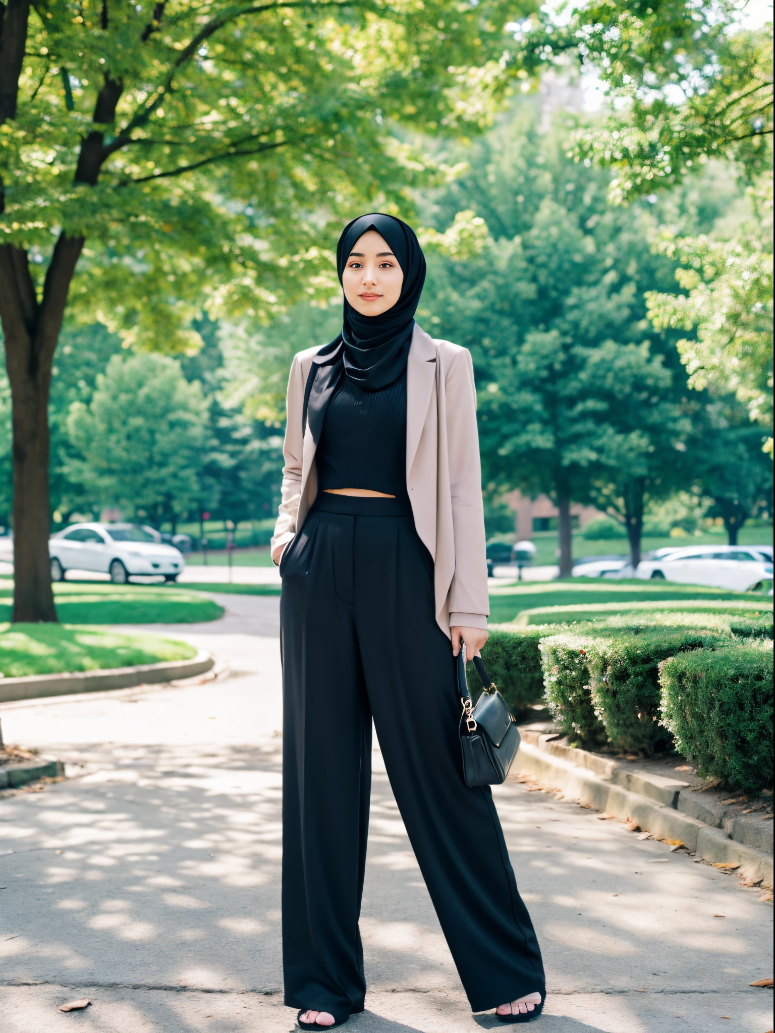 hijab, high waisted pants, city park