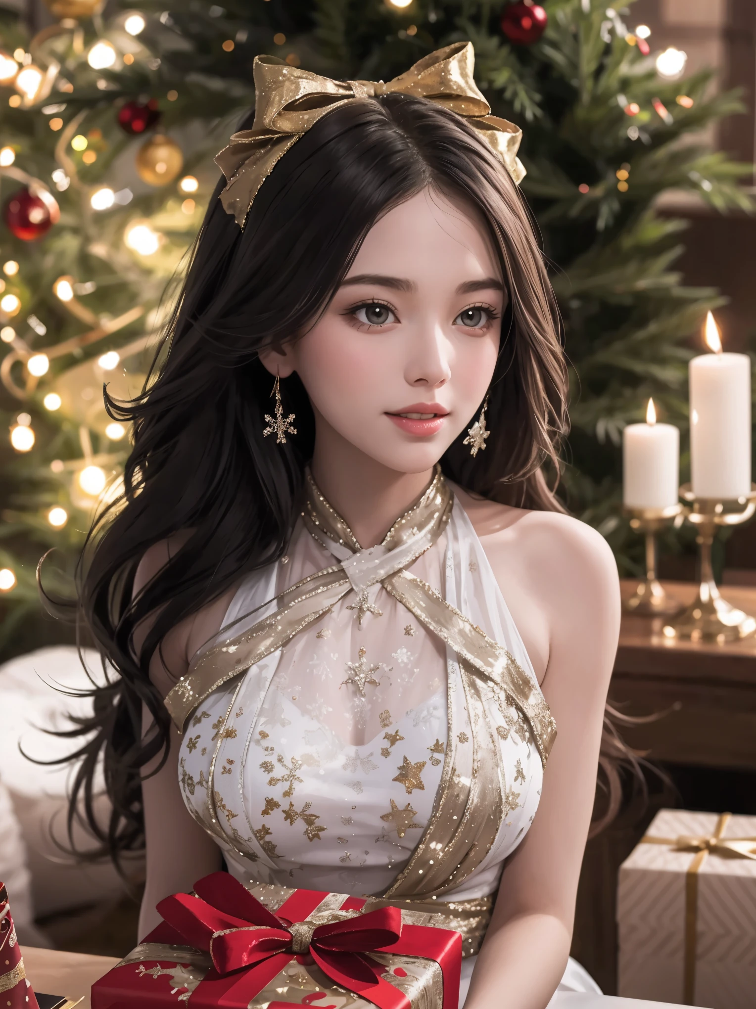 (best quality,4k,8k,highres,masterpiece:1.2),ultra-detailed,realistic,gifts,table,Christmas tree,decorations,wrapping ,bows,ribbon,presents,holiday spirit,vibrant colors,warm lighting,cozy atmosphere,toys,cards,candles,snowflakes,joyful,celebration,exquisite details,exciting surprises,shiny ornaments,sparkling tinsel,beautifully wrapped,excited children,anticipation,festive mood,magical ambiance,delightful moment,wonderful memories,family gathering,cheerful faces,Christmas magic,extravagant,abundance of presents,HDR,UHD,studio lighting,ultra-fine painting,sharp focus,physically-based rendering,professional,vivid colors,bokeh.