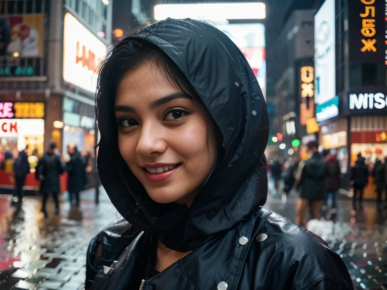 Malay girl aged 25 wearing long black rain jacket with hijab, busy shibuya 109 street, nighttime, neon city lights, close-up, raining outside, model pose, (8k, RAW photo, best quality, masterpiece:1.2),(realistic, photo-realistic:1.37), 8k, laughing showing white teeths, looking at camera, picture taken using white colored diffuser light source, model skin is wet from rain.