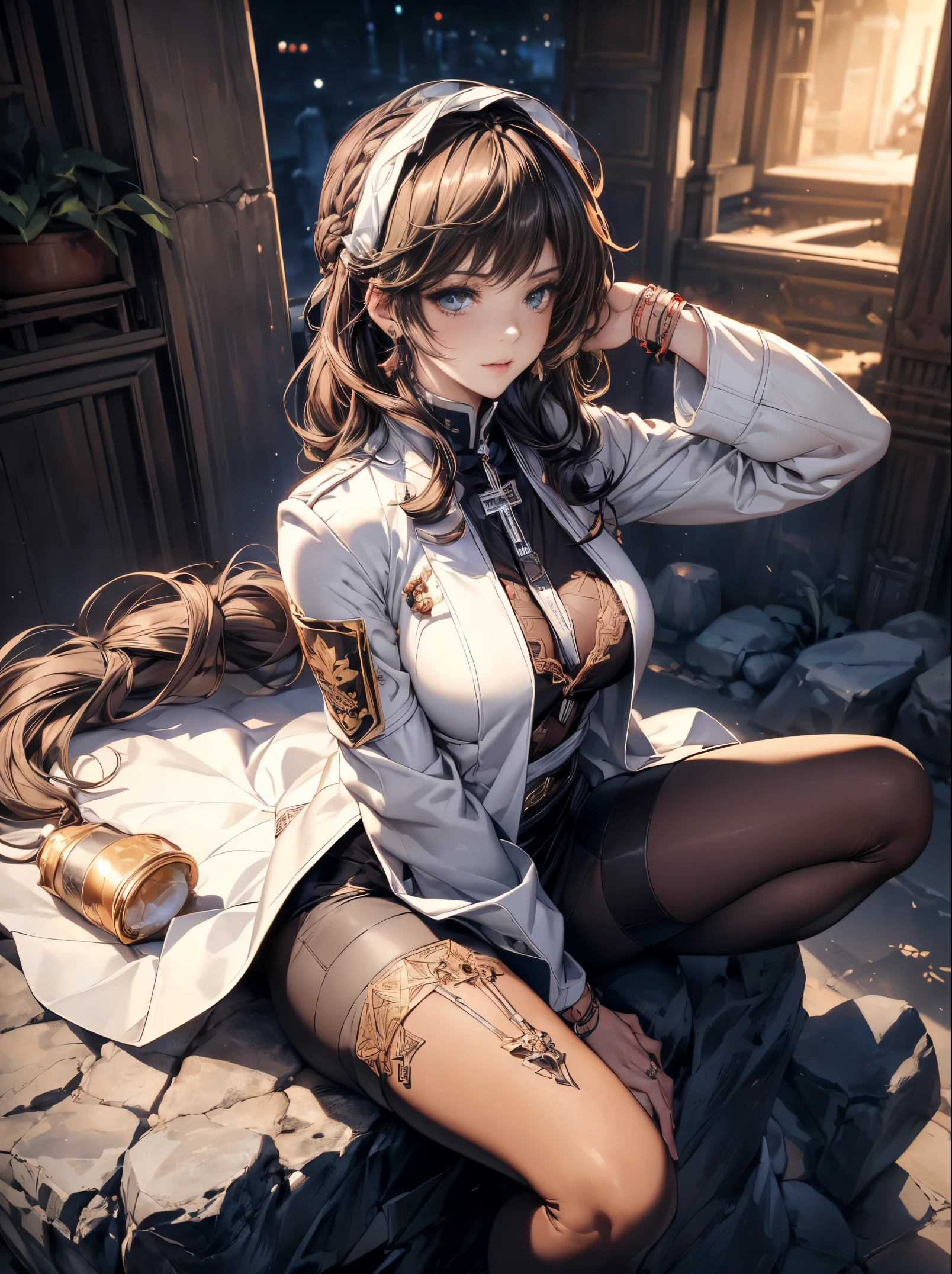 (fantasy art,best image quality,surrealist portrait,(8k),Super realistic,最high quality, high quality, High resolution, high quality texture,high detail,beautiful,Detailed,Very detailed CG,detailed texture,realistic expression of face,masterpiece,sense of presence,dynamic,bold),1 girl,highly detailed skin,winding,,beautiful胸,big breasts,white skin,pointed chest,erect nipples,bob hair,(thin hair),(soft hair),long flowing bangs,extra light coppery amber hair,hair above one eye,school uniform,squat,spread legs,return,NSFW,breast squeeze,(porn images)