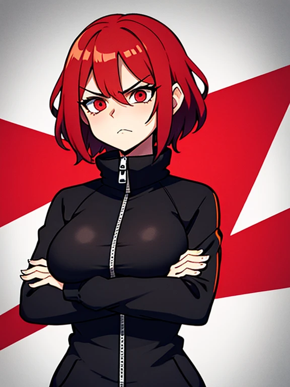 1 women,curvy,(zip down black tracksuit),long sleeve,(upper body),large breast,pov,from front,light red hair,short hair,bob cut,(hair between eyes),(volumey),(wavy hair),>:(,bad mood,light red eyes,(crossed arms)