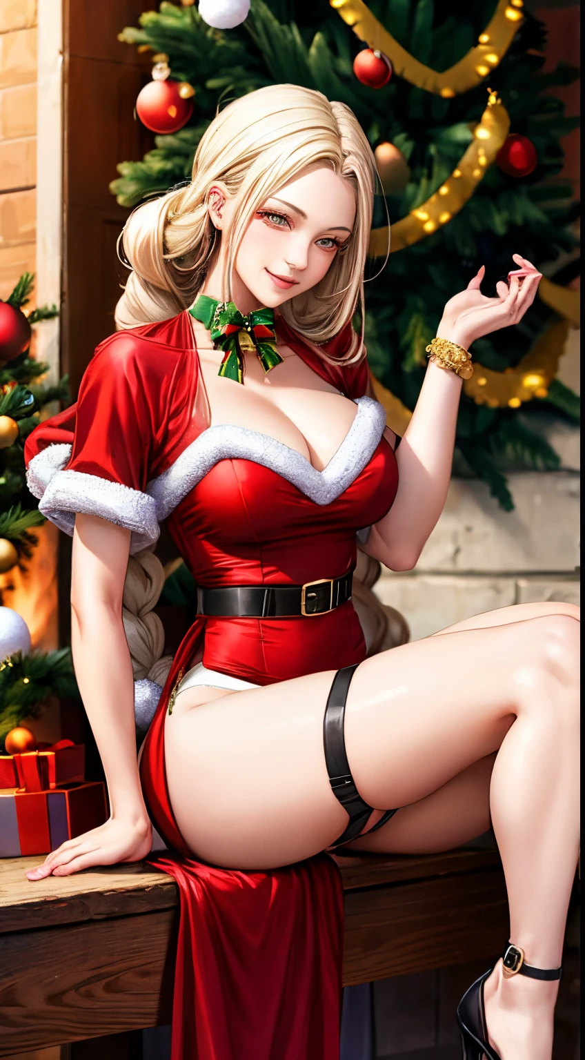 shenhe,Red dress, white fur,((see through)), Extremely detailed,(( thongs))),Grinning, Realistic anime, red heels, (((Christmas))), cleavage, wide hips, 20 yo woman,((( sitting))), cameltoe, white colored hair, Large braided hair at the front,