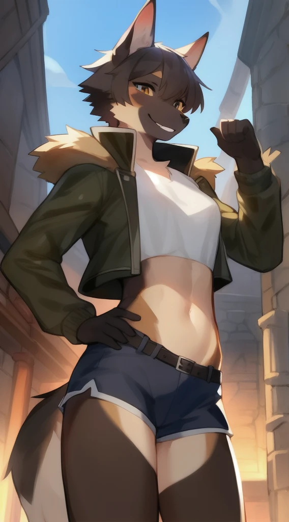 独奏, (A girl:1.2), , eye liner, lips, Short shorts, Jacket with long sleeves, Adventure Clothing, DND Style, Author: Bebebebebe, Belgian Shepherd Groenendael, black fur color, Fluffy, Black lip gloss, mid length hair, small waist, wide hips, Slim, the perfect body, The dominant point of view, predatory smile, steam from the body, Winter is coming, warrior, Burning eyes, self-assurance, pride