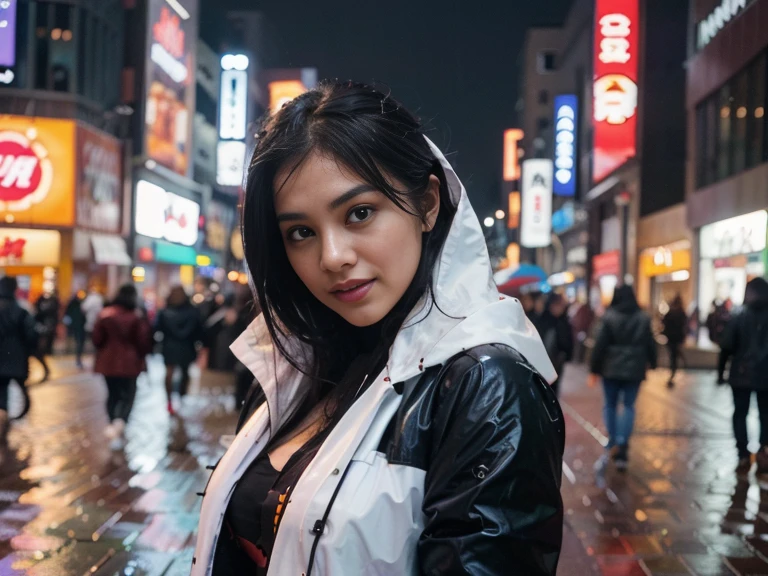 Malaysian girl aged 25 wearing long black rain jacket with long and large hijab, busy akihabara street with anime style cosplayers in background, nighttime, neon city lights, close-up, raining outside, model pose, (8k, RAW photo, best quality, masterpiece:1.2),(realistic, photo-realistic:1.37), 8k, laughing showing white teeths, looking at camera, picture taken using white colored diffuser light source, model skin is wet from rain, potrait shots