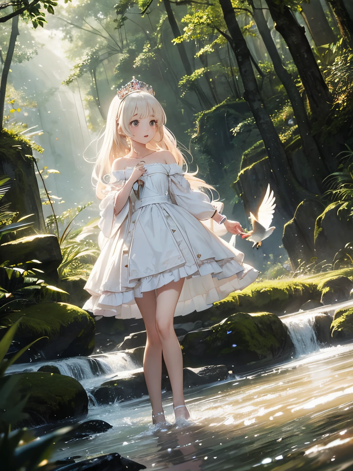 White transparent white gauze skirt,White high-heeled boots,with a round face,pony tails,White-colored skin,Forest in the background,In the bush,Deep eyes,frigidity ,Coquettish Looking up at the sky --auto