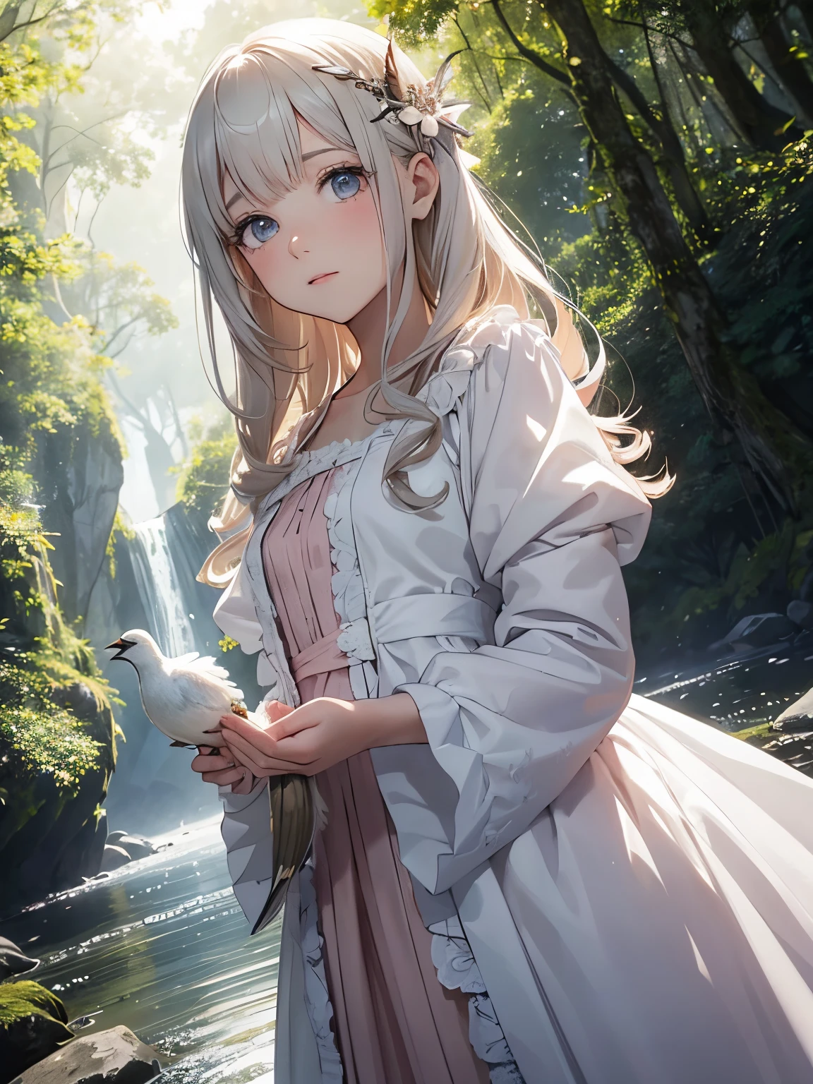 (Best Quality,Haute:1.2),Photorealista,Anime,princess,girl with,robe blanche,Has a small,Beautiful fece,Cartoon Dogs,(Descending girl holding a small wounded bird)Rio Claro in your hands,the woods,sunlights,eyecontact