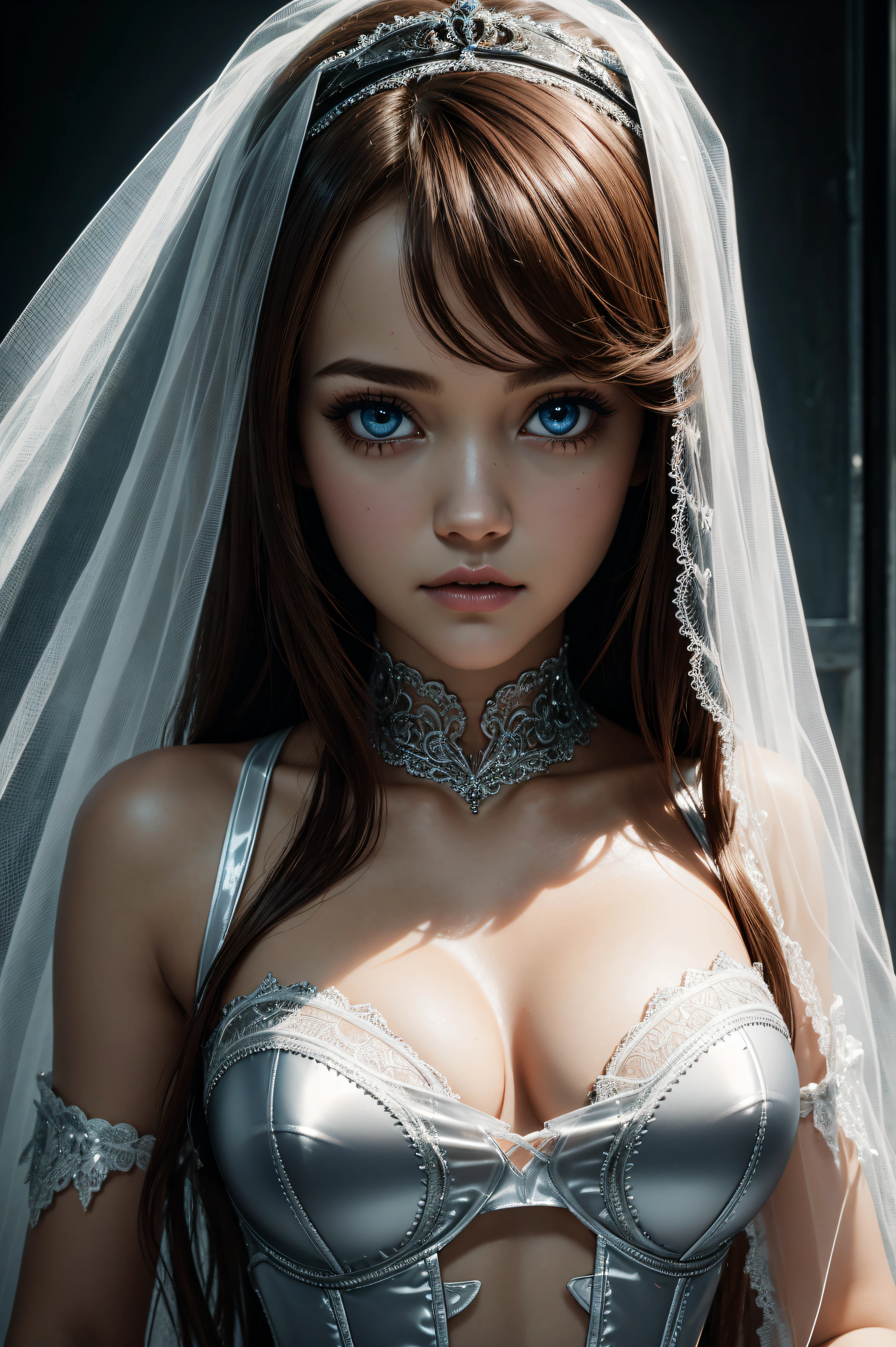 Olivia Cooke, wearing veil bride latex costume sexy clothes transparent. professionally retouched, soft lighting, realistic, smooth face, perfect eyes, sharp focus on eyes, 8 k, high definition, insanely detailed, intricate, elegant. in a natural background.