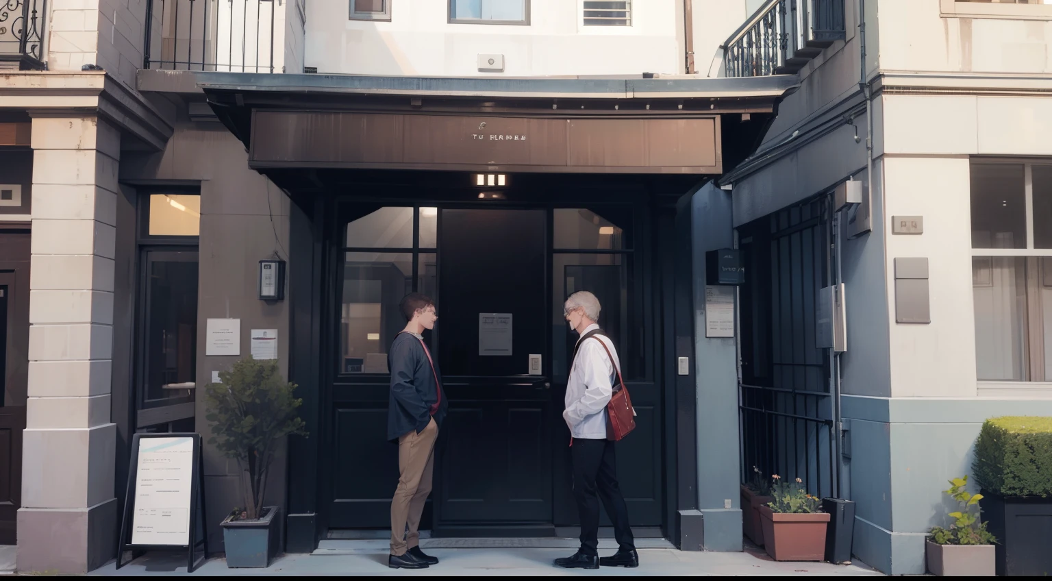 Two men are talking in front of the apartment entrance. One is a man with short brown hair, and the other is a man with short silver hair.