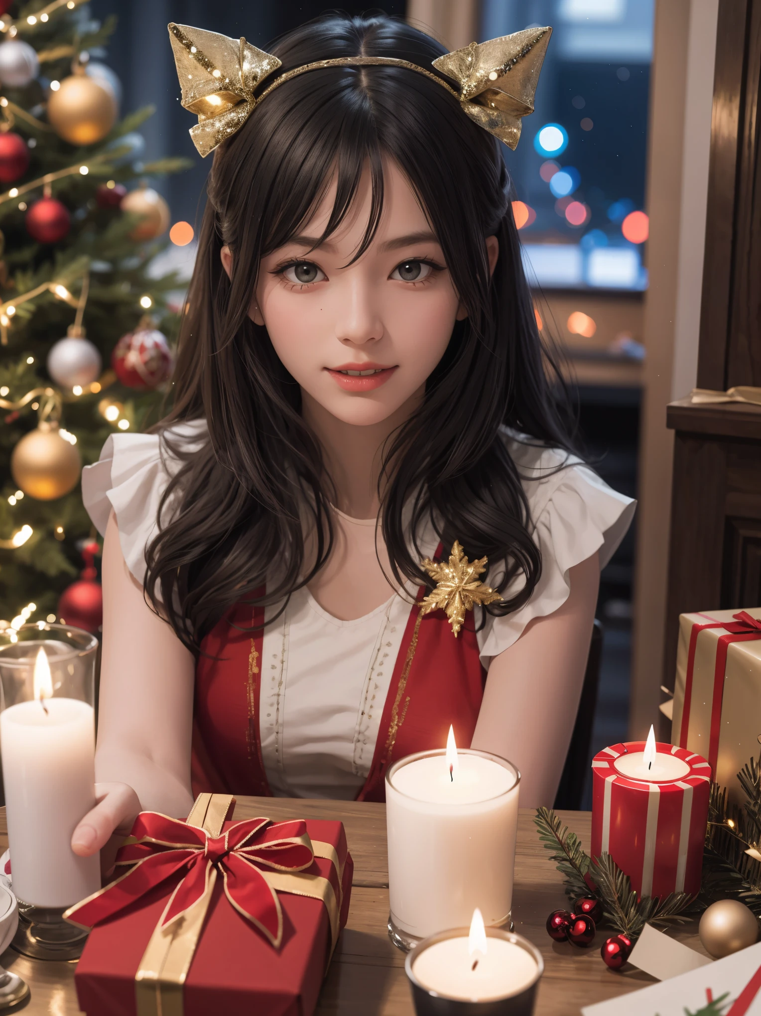 (best quality,4k,8k,highres,masterpiece:1.2),ultra-detailed,realistic,gifts,table,Christmas tree,decorations,wrapping ,bows,ribbon,presents,holiday spirit,vibrant colors,warm lighting,cozy atmosphere,toys,cards,candles,snowflakes,joyful,celebration,exquisite details,exciting surprises,shiny ornaments,sparkling tinsel,beautifully wrapped,excited children,anticipation,festive mood,magical ambiance,delightful moment,wonderful memories,family gathering,cheerful faces,Christmas magic,extravagant,abundance of presents,HDR,UHD,studio lighting,ultra-fine painting,sharp focus,physically-based rendering,professional,vivid colors,bokeh.