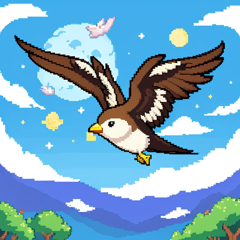 A pixel art of a cute bird flying in the sky that could be made into a copyright-free product.