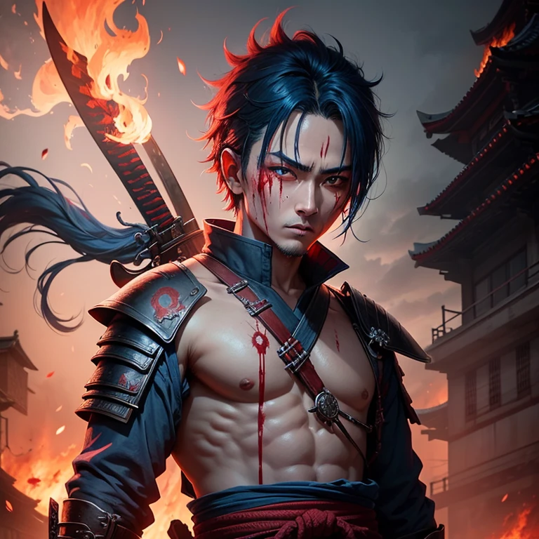(Single) samurai, single eye,blue hair ,mark on sholder, blood dripping from eye, dead bodies in background ,old look buliding is on fire , sky ir crimson red , red sword in hand ,