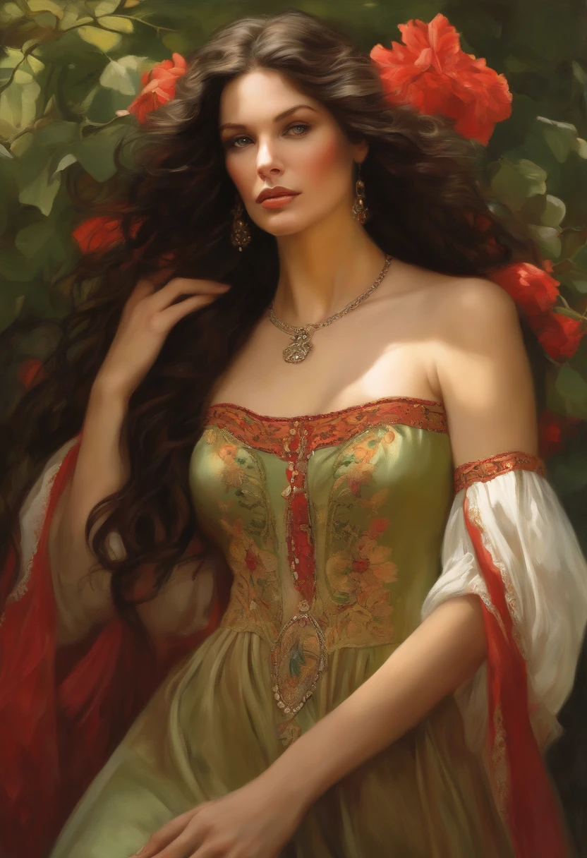 Painting of a beautiful and sexy woman, green eyes, ((with long medusa hair, falling over her shoulders)) and an embroidered dress, ((Spanish gypsy, from the Victorian Era)), ((Catherine Zeta-Jones style)) , wearing a low-cut red dress with a V-neck corset embroidered in black, in the background forest and flowers, Bowater art style, baroque digital painting, Renaissance digital painting, masterpiece! inspired by Franz Xaver Winterhalter, inspired by Friedrich von Amerling, beautiful character painting, beautiful digital painting, inspired by Thomas Lawrence, beautiful yywater painting, refraction, reflections, mirrors, prisms, sunlight, bright lights!! Complex, elegant, highly detailed digital painting, art station, concept art, sharp and soft focus, illustration, art by ( ( ( ( Artgerm ) ) ) ) and ( Greg Rutkowski )! and (((Alphonse Mucha))), eyes reflecting in eyes reflecting to infinity