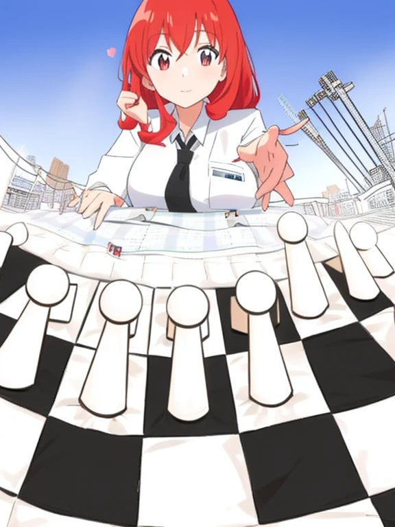 Red-haired anime girl playing chess，Wear a white shirt and black tie，eyes are blue，Next to it is a quilt