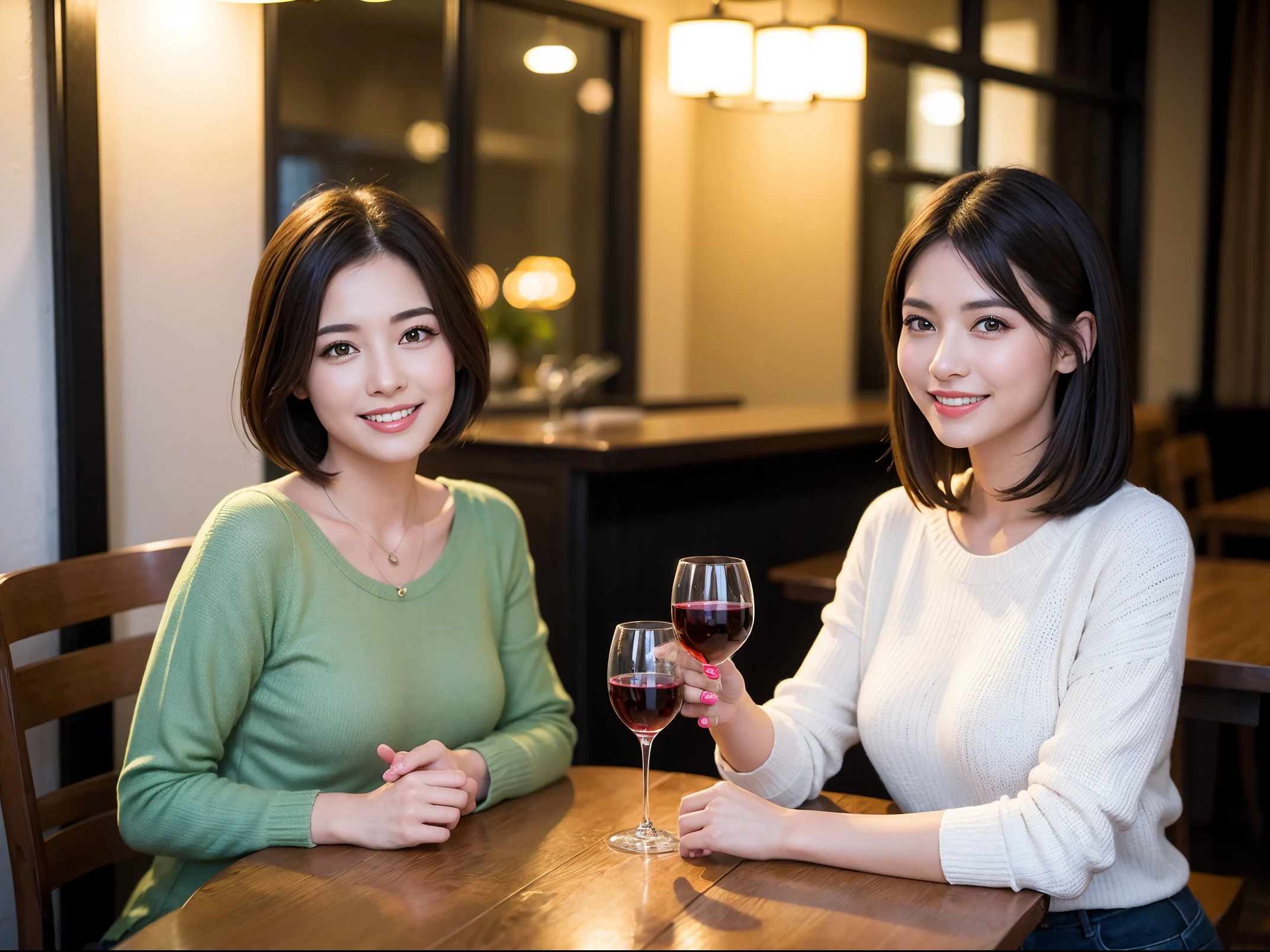 (64k uhd、nffsw、top-quality、​masterpiece:1.2)、(realisitic、Photorealsitic:1.37)、ultra-detailliert、wine glasses、enjoying a glass of wine、a matural female、Two beautiful women、(Slim Faces)、(Slim body)、（brawn hair）、(short-cut)、smiling french woman、happy italian girl、British woman、Americana、blush a little on the cheeks、(38 years)、42 year old、red wine、A beautiful and detailed night view spreads out outside the window..、resturant、Wine glasses in a prominent place、natta、(from waist up)、sitting on、date、(A smile:1.15)、Beautiful detailed eyes、Cashmere sweater、long-sleeved dresses、japanes、(short-hair:1.2)、Float NovaFrogStyle、、modeled、from waist up、white wine、Slimed、wine glasses、Super beautiful night view、Put the wine glass in the middle、Happy smile、(8K、Raw photography、top-quality、​masterpiece:1.2)、(realisitic、Photorealsitic:1.37)、ultra-detailliert、超A high resolution、2 females、see the beholder、beautifull detailed face、A smile、Constriction、(Slim waist) :1.3)、knit shirt、Beautiful detailed skin、Skin Texture、floated hair、professional light needle breast、eyes gentle