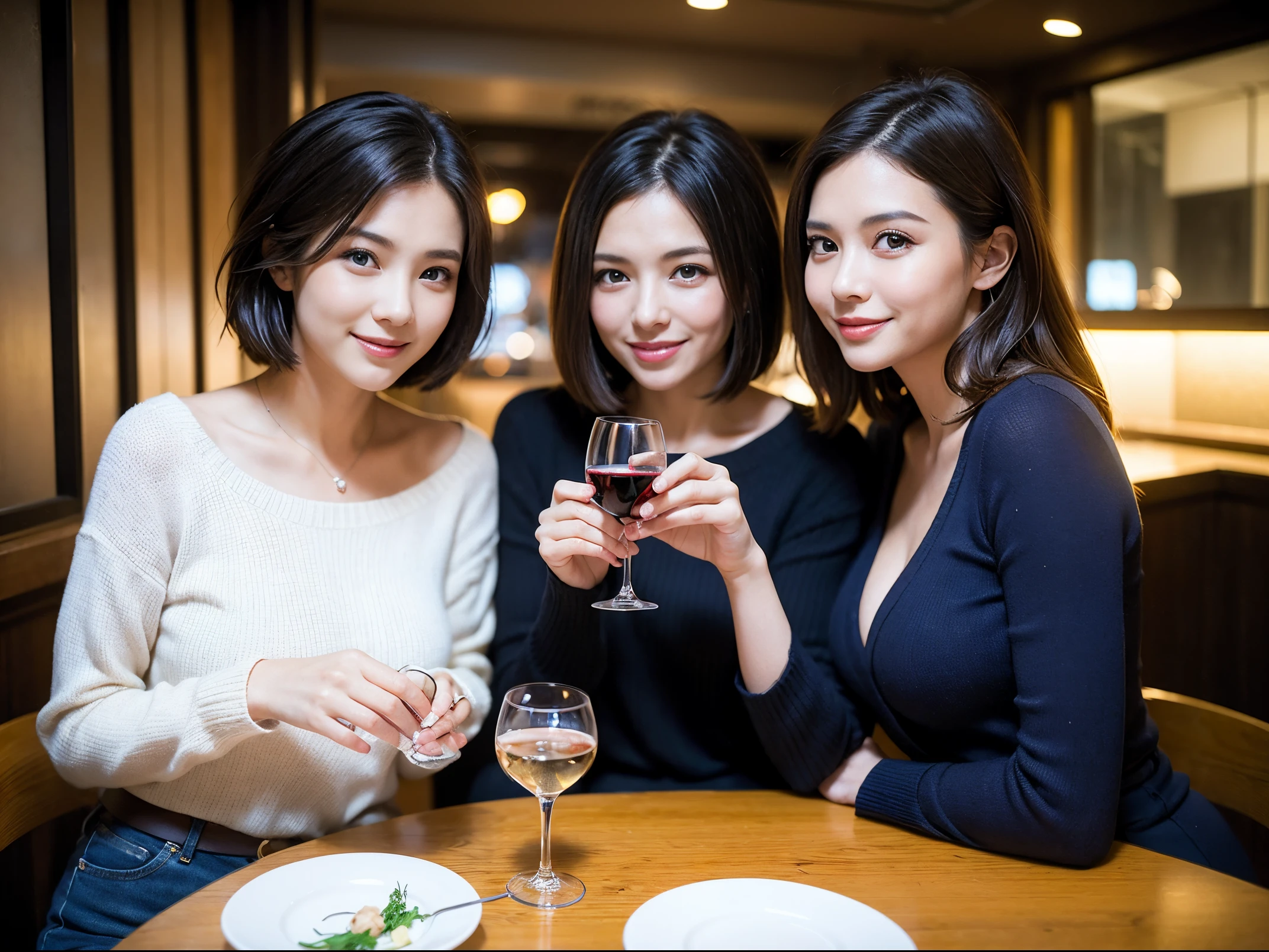 (64k uhd、nffsw、top-quality、masterpiece:1.2)、(realisitic、Photorealsitic:1.37)、ultra-detailliert、wine glasses、enjoying a glass of wine、a matural female、Two beautiful women、(Slim Faces)、(Slim body)、(brawn hair)、(short-cut)、smiling french woman、happy italian girl、British woman、Americana、blush a little on the cheeks、(38 years)、42 year old、red wine、A beautiful and detailed night view spreads out outside the window..、resturant、Wine glasses in a prominent place、natta、(from waist up)、sitting on、date、(A smile:1.15)、Beautiful detailed eyes、Cashmere sweater、long-sleeved dresses、japanes、(short-hair:1.2)、Float NovaFrogStyle、、modeled、from waist up、white wine、Slimed、wine glasses、Super beautiful night view、Put the wine glass in the middle、Happy smile、(8K、Raw photography、top-quality、masterpiece:1.2)、(realisitic、Photorealsitic:1.37)、ultra-detailliert、超A high resolution、2 females、see the beholder、beautifull detailed face、A smile、Constriction、(Slim waist) :1.3)、knit shirt、Beautiful detailed skin、Skin Texture、floated hair、professional light needle breast、eyes gentle