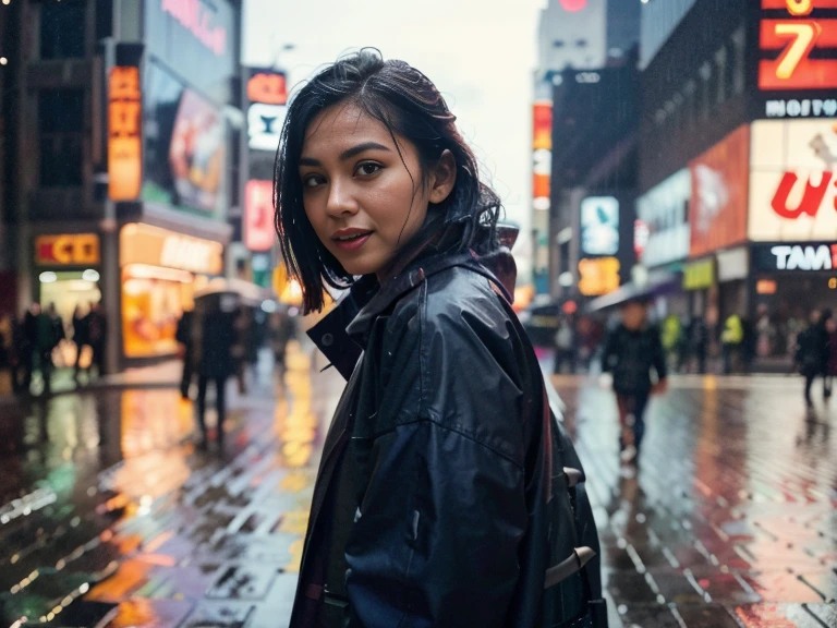 Malaysian girl aged 25 wearing long black rain jacket and  wearing black scarf, busy shibuya street crossing, anime style cosplayers in background, nighttime, neon city lights, close-up, raining outside, model pose, (8k, RAW photo, best quality, masterpiece:1.2),(realistic, photo-realistic:1.37), 8k, laughing showing white teeths, looking at camera, face is wet from rain, potrait shots