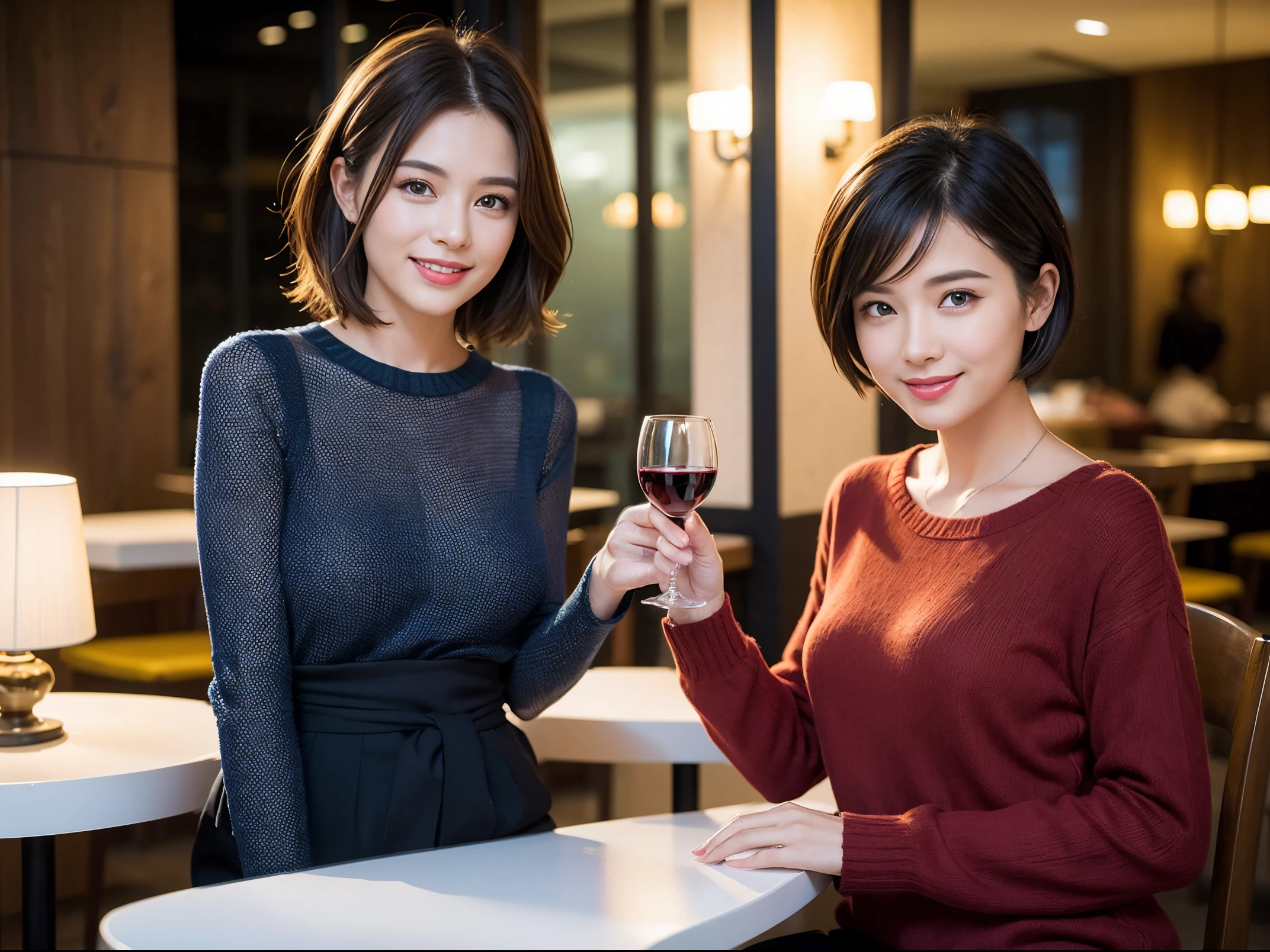 (64k uhd、nffsw、top-quality、masterpiece:1.2)、(realisitic、Photorealsitic:1.37)、ultra-detailliert、wine glasses、enjoying a glass of wine、a matural female、Two beautiful women、(Slim Faces)、(Slim body)、(brawn hair)、(short-cut)、smiling french woman、happy italian girl、British woman、Americana、blush a little on the cheeks、(38 years)、42 year old、red wine、A beautiful and detailed night view spreads out outside the window..、resturant、Wine glasses in a prominent place、natta、(from waist up)、sitting on、date、(A smile:1.15)、Beautiful detailed eyes、Cashmere sweater、long-sleeved dresses、japanes、(short-hair:1.2)、Float NovaFrogStyle、、modeled、from waist up、white wine、Slimed、wine glasses、Super beautiful night view、Put the wine glass in the middle、Happy smile、(8K、Raw photography、top-quality、masterpiece:1.2)、(realisitic、Photorealsitic:1.37)、ultra-detailliert、超A high resolution、2 females、see the beholder、beautifull detailed face、A smile、Constriction、(Slim waist) :1.3)、knit shirt、Beautiful detailed skin、Skin Texture、floated hair、professional light needle breast、eyes gentle