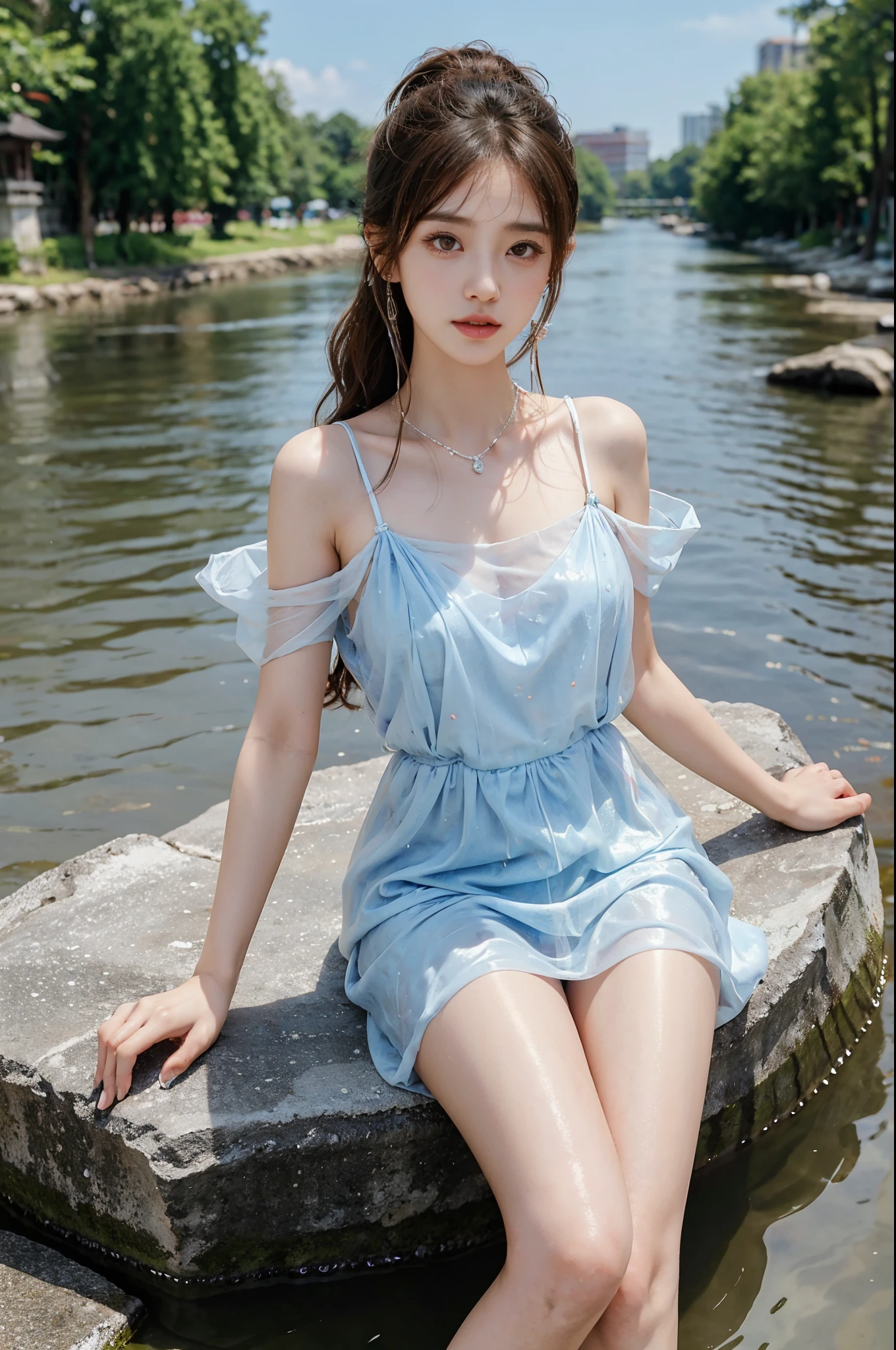 Sweet girl clothes8,(gem:1.3), stlouis,（Enrich the picture，Masterpiece quality）Beautiful 8K CG artwork，Goddess-like pose，sittinng on the river，Postural exercises，Thin and soft，Translucent skin，curlies， Brown hair long, The skin is fair and juicy，Perspective Part 1.2x enhanced contour effect，Intricate and exquisite details，The background is a bit blurry，Charming and sexy legs，Japan goddess，Perfect body slim curves，scene in river, Get wet all over your body