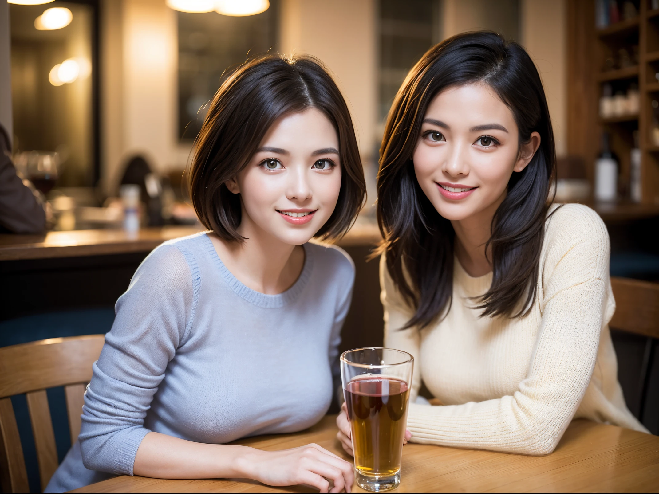 (64k uhd、nffsw、top-quality、​masterpiece:1.2)、(realisitic、Photorealsitic:1.37)、ultra-detailliert、wine glasses、enjoying a glass of wine、a matural female、Two beautiful women、(Slim Faces)、(Slim body)、（brawn hair）、(short-cut)、smiling french woman、happy italian girl、British woman、Americana、blush a little on the cheeks、(38 years)、42 year old、red wine、A beautiful and detailed night view spreads out outside the window..、resturant、Wine glasses in a prominent place、natta、(from waist up)、sitting on、date、(A smile:1.15)、Beautiful detailed eyes、Cashmere sweater、long-sleeved dresses、japanes、(short-hair:1.2)、Float NovaFrogStyle、、modeled、from waist up、white wine、Slimed、wine glasses、Super beautiful night view、Put the wine glass in the middle、Happy smile、(8K、Raw photography、top-quality、​masterpiece:1.2)、(realisitic、Photorealsitic:1.37)、ultra-detailliert、超A high resolution、2 females、see the beholder、beautifull detailed face、A smile、Constriction、(Slim waist) :1.3)、knit shirt、Beautiful detailed skin、Skin Texture、floated hair、professional light needle breast、eyes gentle