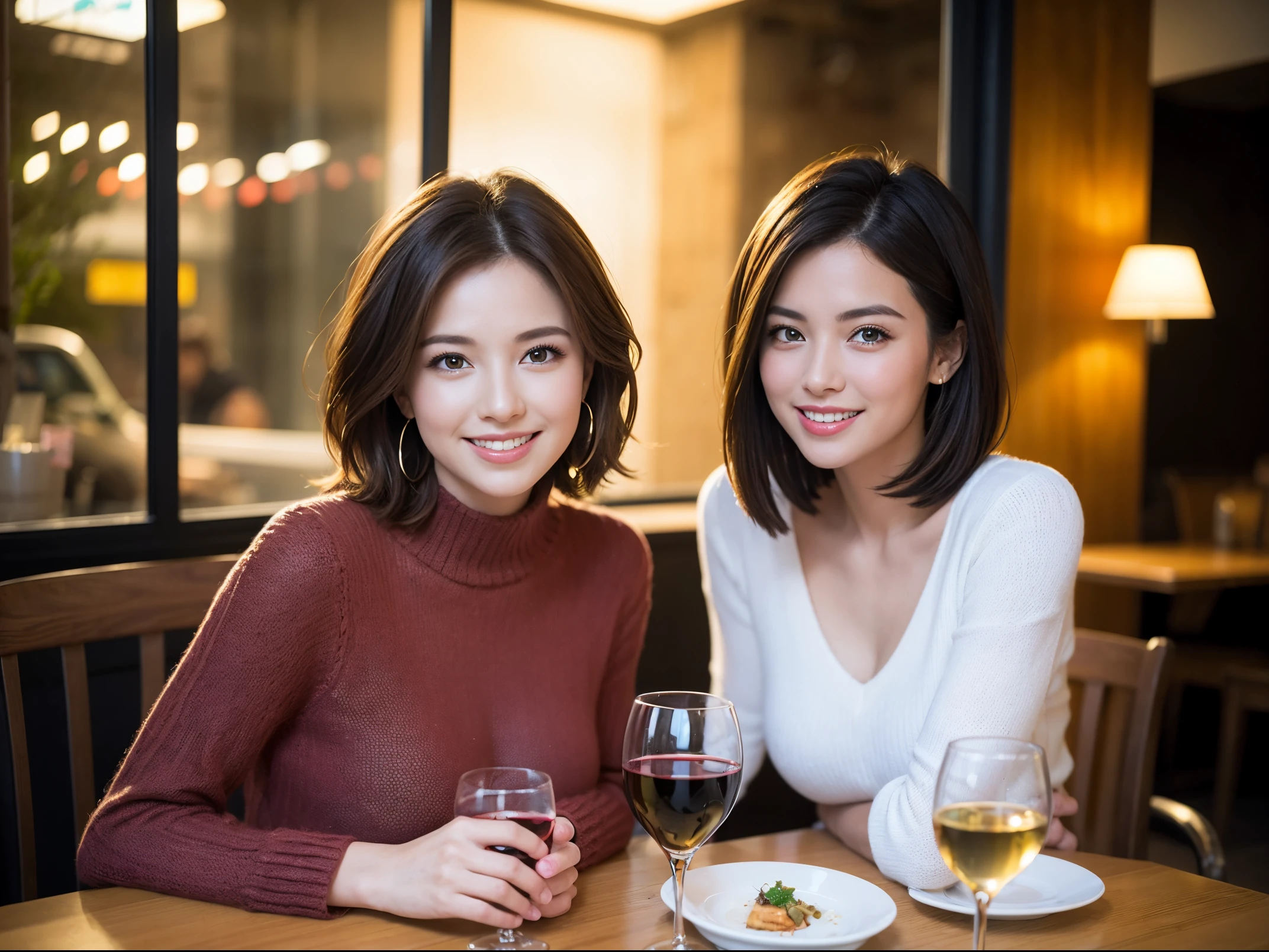 (64k uhd、nffsw、top-quality、​masterpiece:1.2)、(realisitic、Photorealsitic:1.37)、ultra-detailliert、wine glasses、enjoying a glass of wine、a matural female、Two beautiful women、(Slim Faces)、(Slim body)、（brawn hair）、(short-cut)、smiling french woman、happy italian girl、British woman、Americana、blush a little on the cheeks、(38 years)、42 year old、red wine、A beautiful and detailed night view spreads out outside the window..、resturant、Wine glasses in a prominent place、natta、(from waist up)、sitting on、date、(A smile:1.15)、Beautiful detailed eyes、Cashmere sweater、long-sleeved dresses、japanes、(short-hair:1.2)、Float NovaFrogStyle、、modeled、from waist up、white wine、Slimed、wine glasses、Super beautiful night view、Put the wine glass in the middle、Happy smile、(8K、Raw photography、top-quality、​masterpiece:1.2)、(realisitic、Photorealsitic:1.37)、ultra-detailliert、超A high resolution、2 females、see the beholder、beautifull detailed face、A smile、Constriction、(Slim waist) :1.3)、knit shirt、Beautiful detailed skin、Skin Texture、floated hair、professional light needle breast、eyes gentle