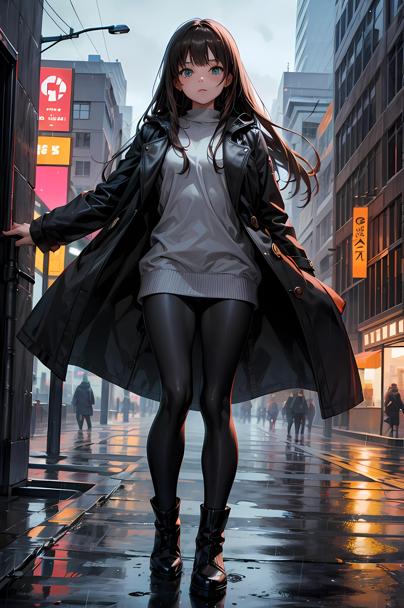 1girls, lange braune Haare, green eyes, He wears a black coat, graue Leggings, schwarze Stiefel, Stadt, Dunkler Abend, Regnet, hight resolution, ultrascharf, 8K, Meisterwerk, Blick auf den Betrachter