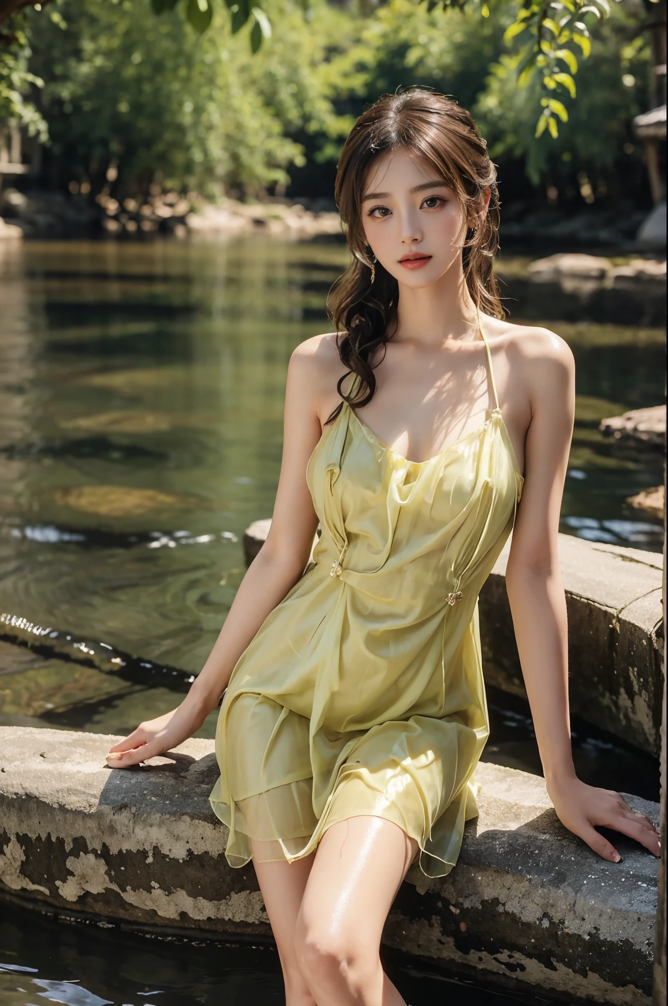 Sweet girl clothes9,yellow dress,, stlouis,（Enrich the picture，Masterpiece quality）Beautiful 8K CG artwork，Goddess-like pose，sittinng on the river，Postural exercises，Thin and soft，Translucent skin，curlies， Brown hair long, The skin is fair and juicy，Perspective Part 1.2x enhanced contour effect，Intricate and exquisite details，The background is a bit blurry，Charming and sexy legs，Japan goddess，Perfect body slim curves，scene in river, Get wet all over your body