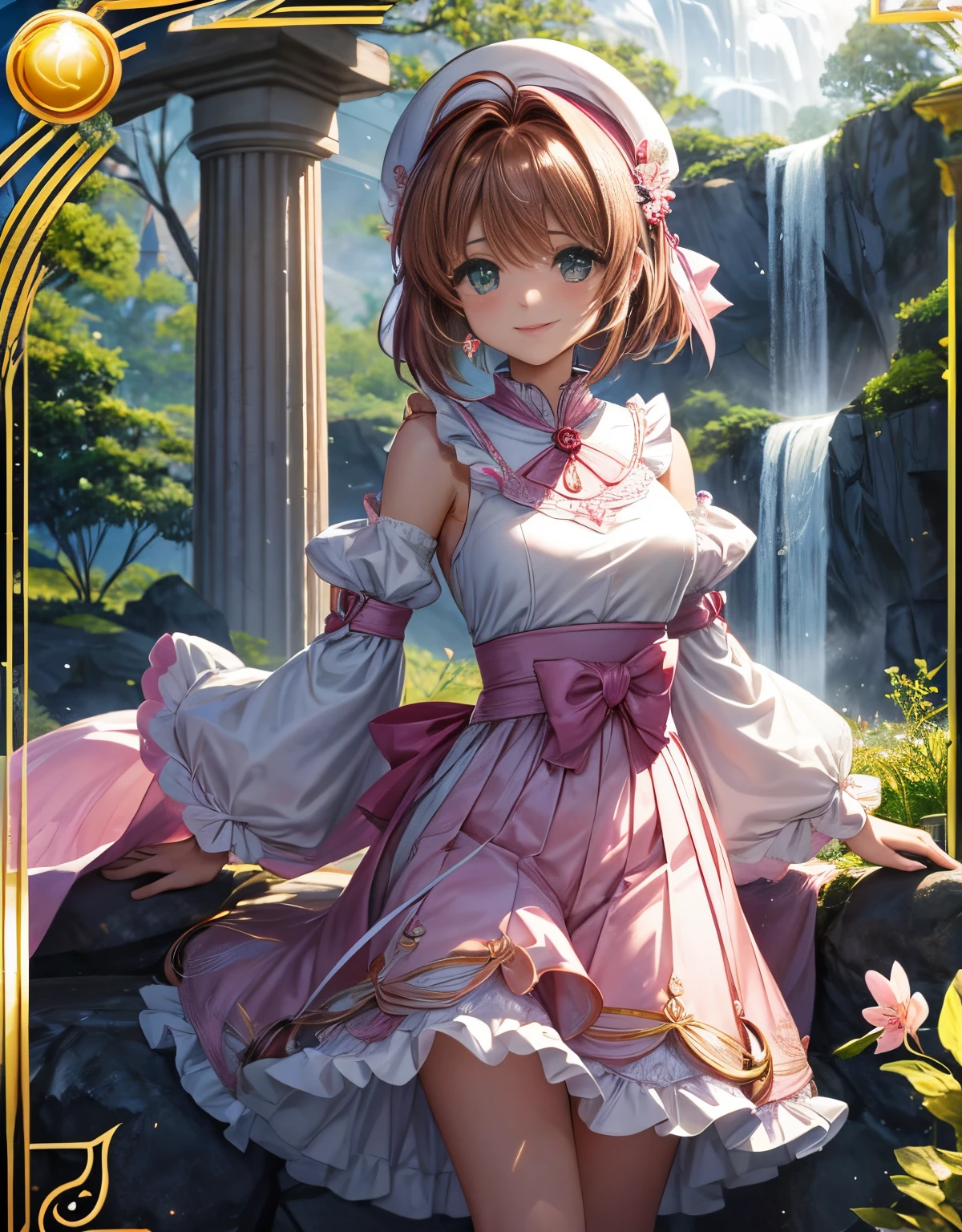 ```Masterpiece in maximum 16K UHD resolution, 16k Cinematic Art, num estilo inspirado no (anime) ((Sakura_card_captor)). | ((Sakura_Kinomoto)), agora com 30 anos, Displays all your maturity and magical power in a stunning all-white wizard outfit adorned with pink details. Your short accordion skirt, meias brancas com faixas rosa, e sapato rosa complementam a harmonia do look. | A cena se desenrola em um antigo templo perto de uma majestosa cachoeira, featuring white marble structures, altares com escritos antigos, e uma variedade de animais espirituais. Sakura is looking directly at the viewer, her green eyes radiate confidence as she offers a captivating smile. Her short brown hair with a big fringe in front of her right eye adds a contemporary touch to her image.. The white beret with pink headband and gold accessories, incluindo uma estrela dourada no centro, further enhances your magical presence. | The visual composition highlights the magic in the air, with adequate lighting emphasizing the details of the costume and the enchanted environment. | Sakura Kinomoto, Aos 30 anos, in a wizard outfit inspired by cardcaptor Sakura, showing off her huge, firm breasts in the mystical setting of an ancient temple next to a waterfall. | {The camera is positioned very close to her, revealing her entire body as she adopts a dynamic_Posar, interagindo e apoiando-se em uma estrutura na cena de uma forma emocionante} | ((perfeito_Posar)), She is adopting a ((Dynamic_posar como interage, corajosamente apoiando-se em uma estrutura, dynamically leaning back):1.3), ((corpo inteiro)), ((Hands_com_5_Dedos):1), ((perfeito_Dedos):1), ((perfeito_perna):1), melhor_Hands, mais_detalhe,```