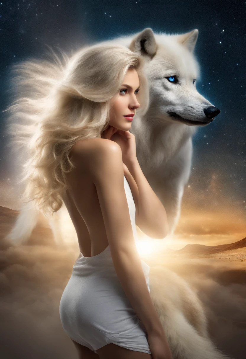 ((White wolf and girl)), (huge wolf), The white wolf&#39;s fur glows with silver sparks, (a huge white wolf guards a beautiful young girl), motion, running in front, forward bend, Venus de Milo, a goddess, blue eyes, (VERY Young Girl), (girl 16 years old) lips ajar, blue eyes, Blonde girl, very long curly hair, board transparent, transparent air pay, silver collar, silver belt, greek sandals, silver sandals, starry sky background, A lot of stars, background Orion Nebula, Two moons, Orion Nebula, go star trek. (Masterpiece: 1.5) (Photorealistic: 1.1) (bokeh) (Best Quality) (detail skin texture, pores, hairsh: 1.1) (Intricate) (8K) (HDR) (wallpapers) (Cinematic lighting) (sharp-focus)
