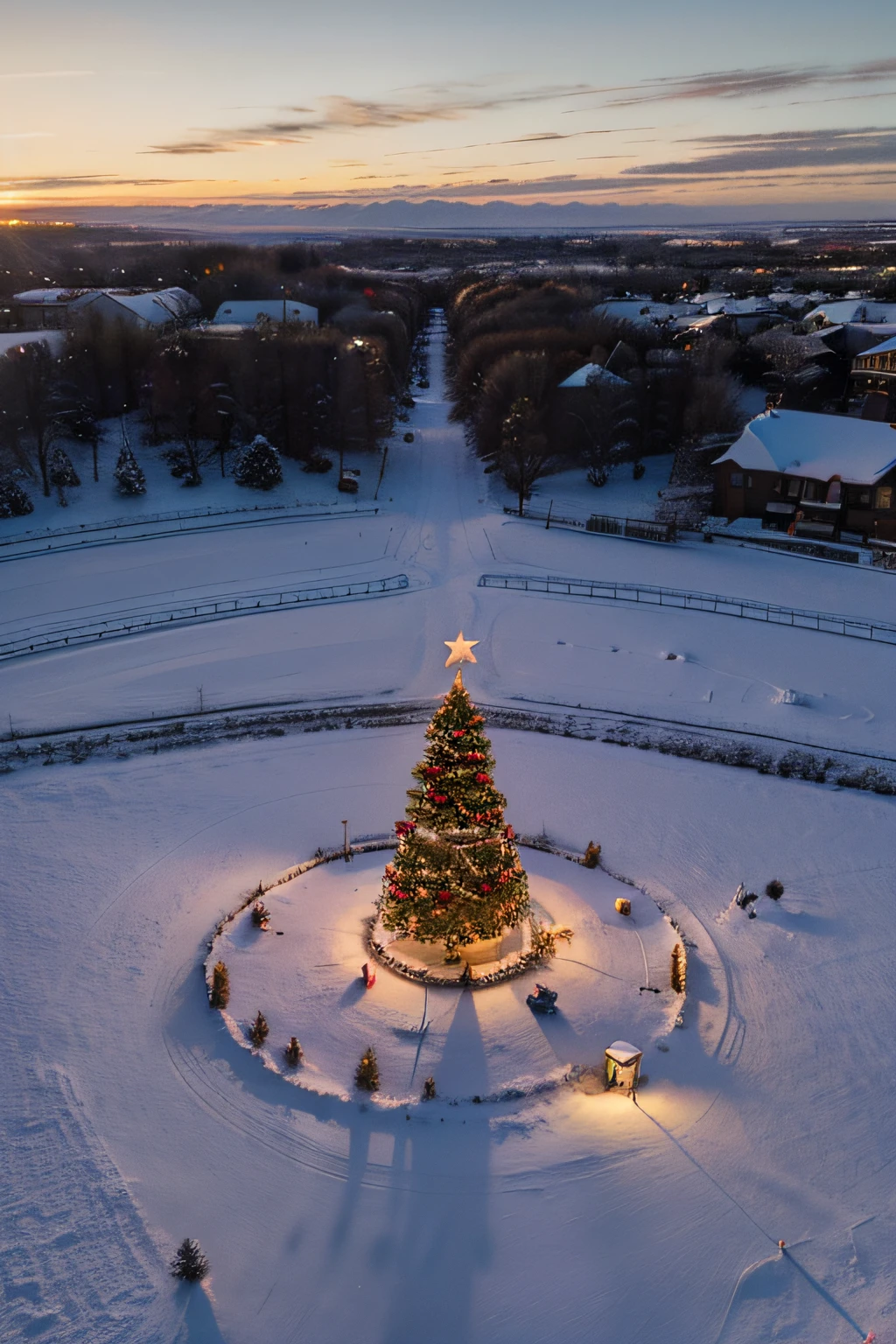 focused, 5.6f, Capture the warmth and joy of the holiday, beautiful festive Christmas tableau, golden hour, pink skies, blanket of fake snow, reminiscent of a winter, snowy landscape, drone shot,