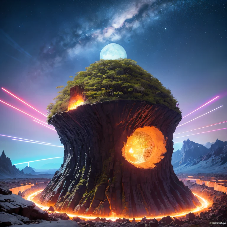 Alien Hexagonal Base (very detailed nipples) In a hexagonal mountain oasis,There are several hexagonal exhaust fans and chimneys, some neon lights projecting from the base,Light up the dark night), There are some clouds in the night sky, Some surrounding planets provide air to unknown planets,The most remote giant hexagonal volcano erupts,the rainforest